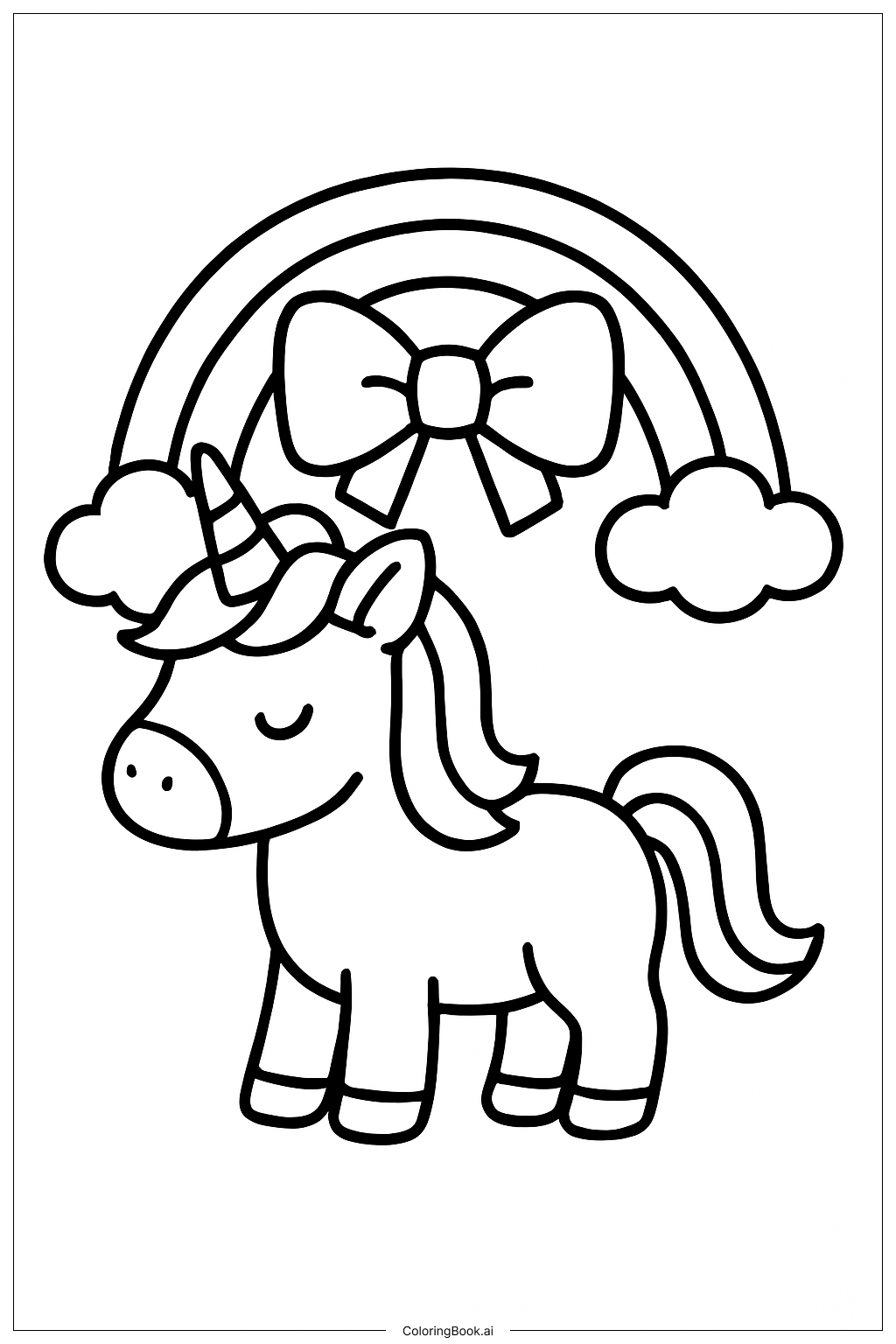 リボン付きユニコーンと虹の塗り絵ページ