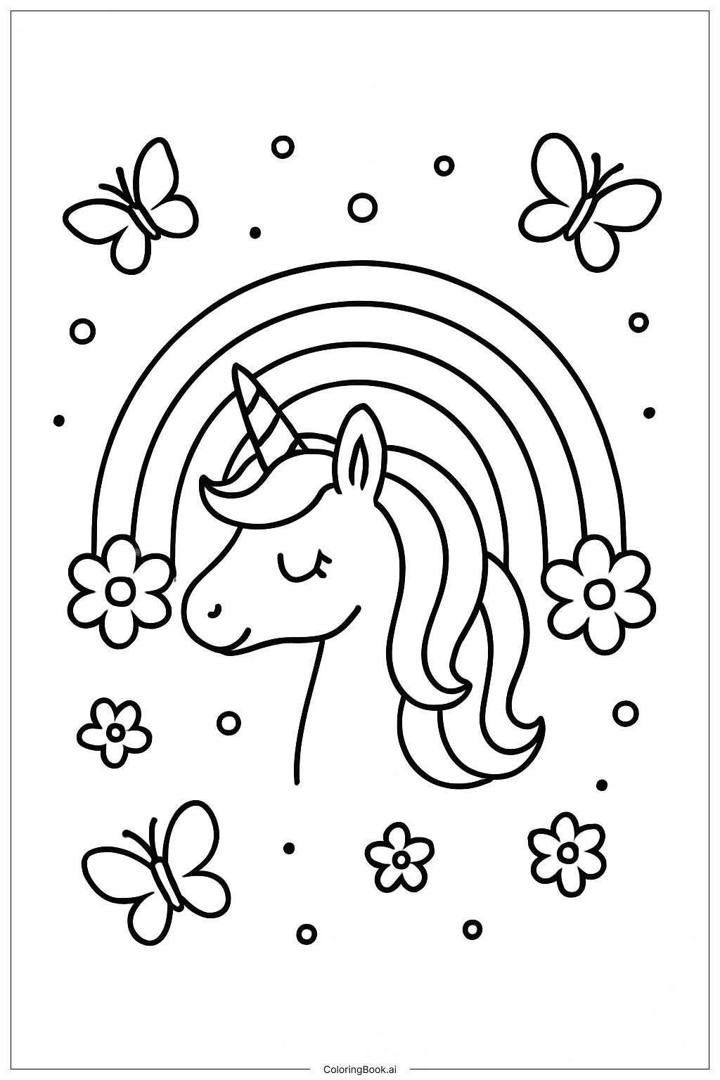 Trang tô màu Cầu vồng kỳ lân với bươm bướm