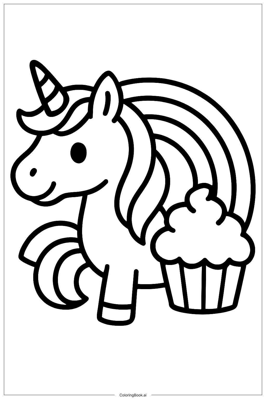ユニコーンとカップケーキの虹の塗り絵ページ