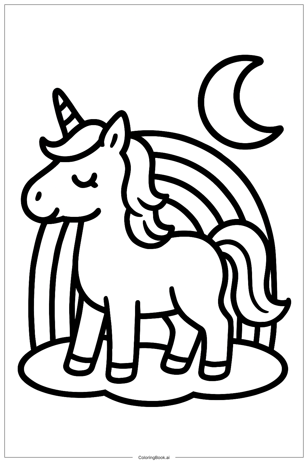 月のあるユニコーンの虹の塗り絵ページ