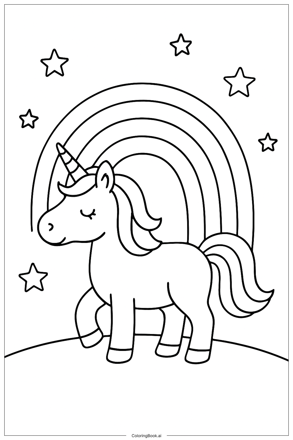  星とユニコーンの虹の塗り絵ページ 