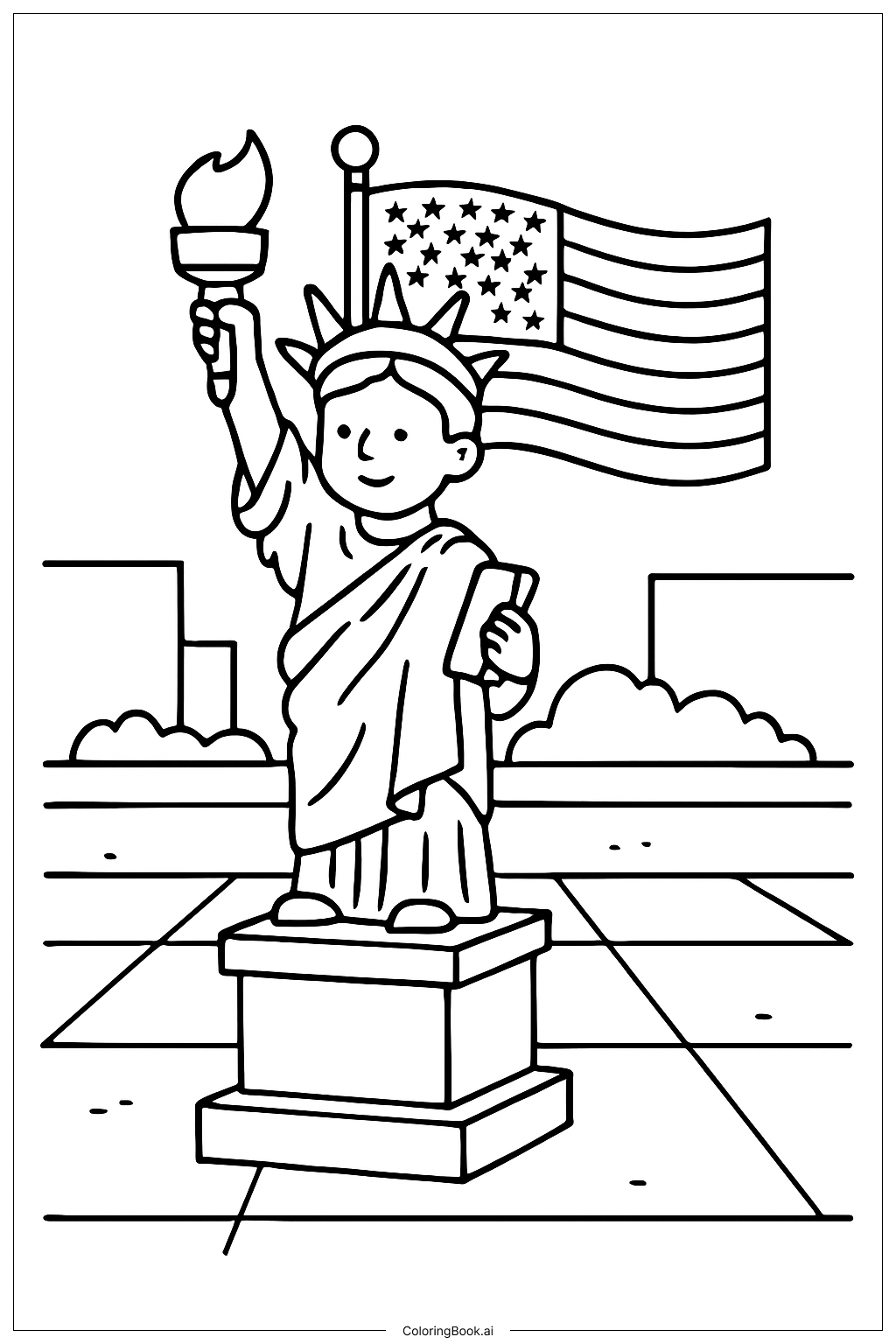  Página para colorear de Bandera de Estados Unidos detrás de la Estatua 
