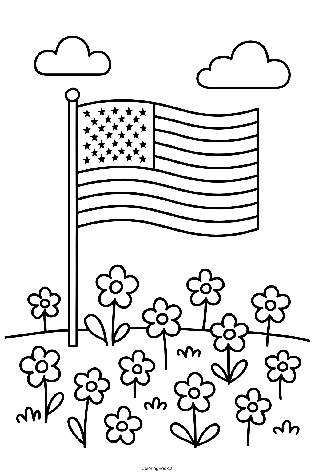  Página para colorear de Bandera de Estados Unidos en un campo de flores 