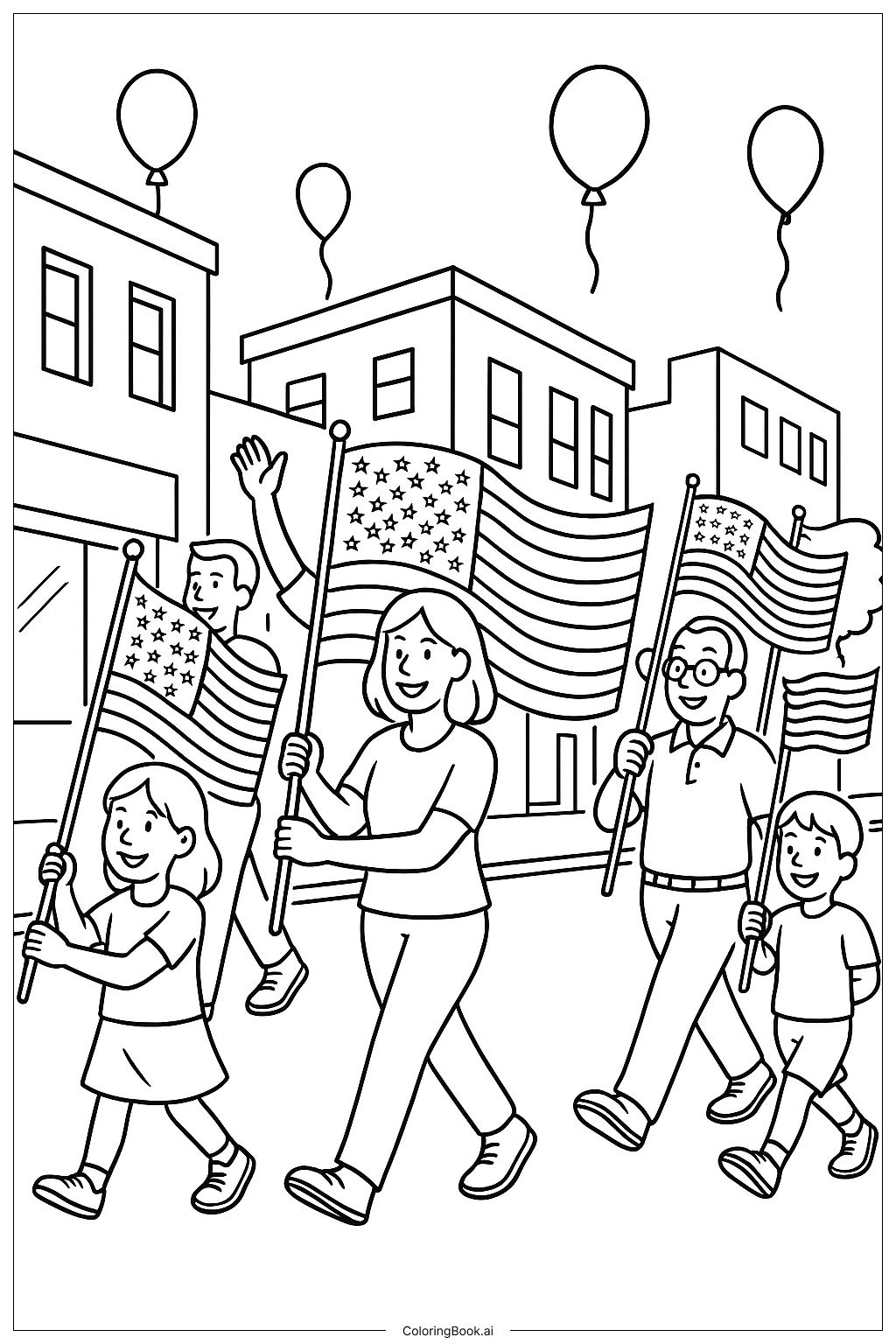  퍼레이드 장면 속 미국 국기 색칠공부 페이지 