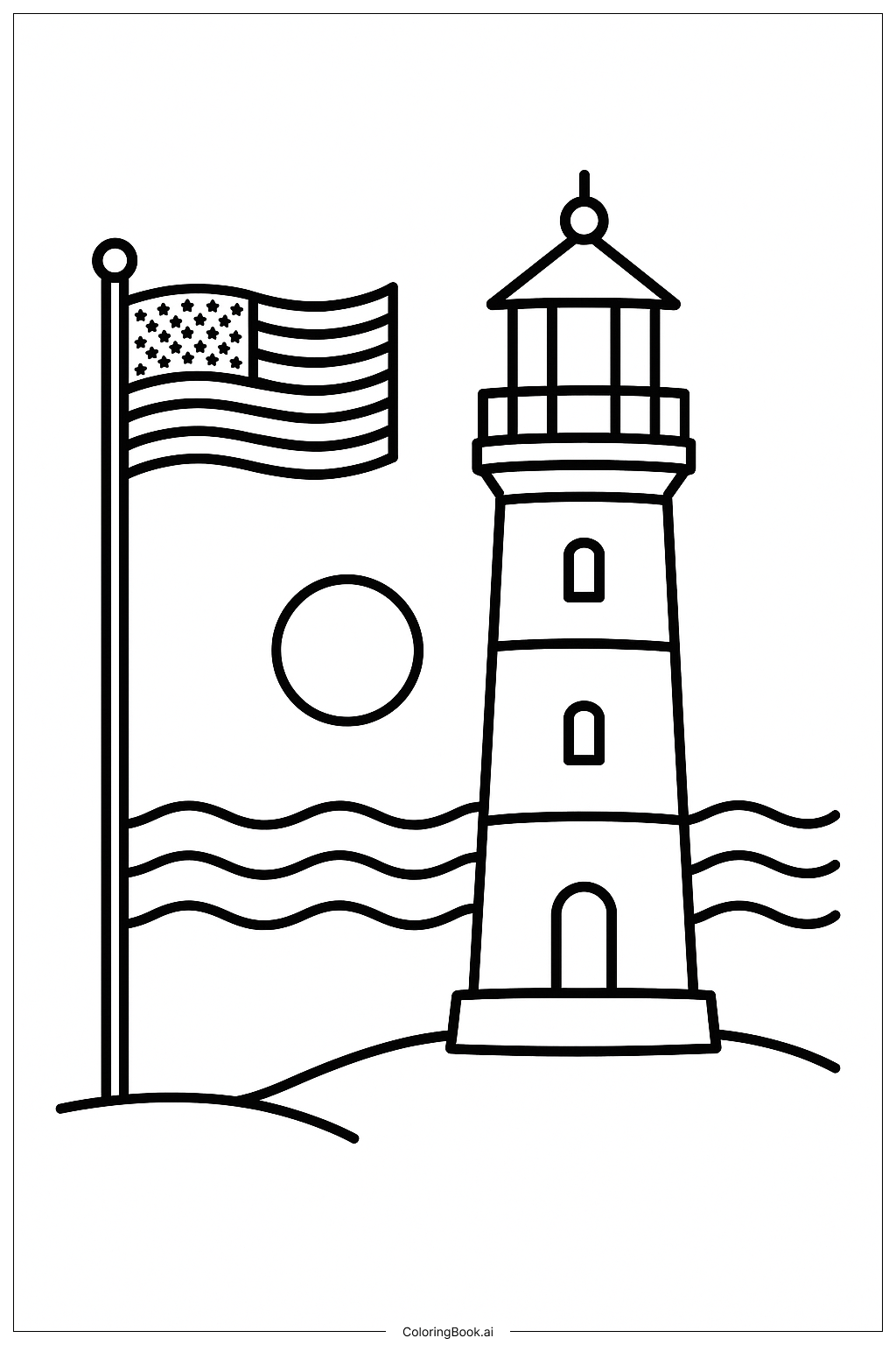  Página para colorear de Bandera de Estados Unidos Cerca del Faro 