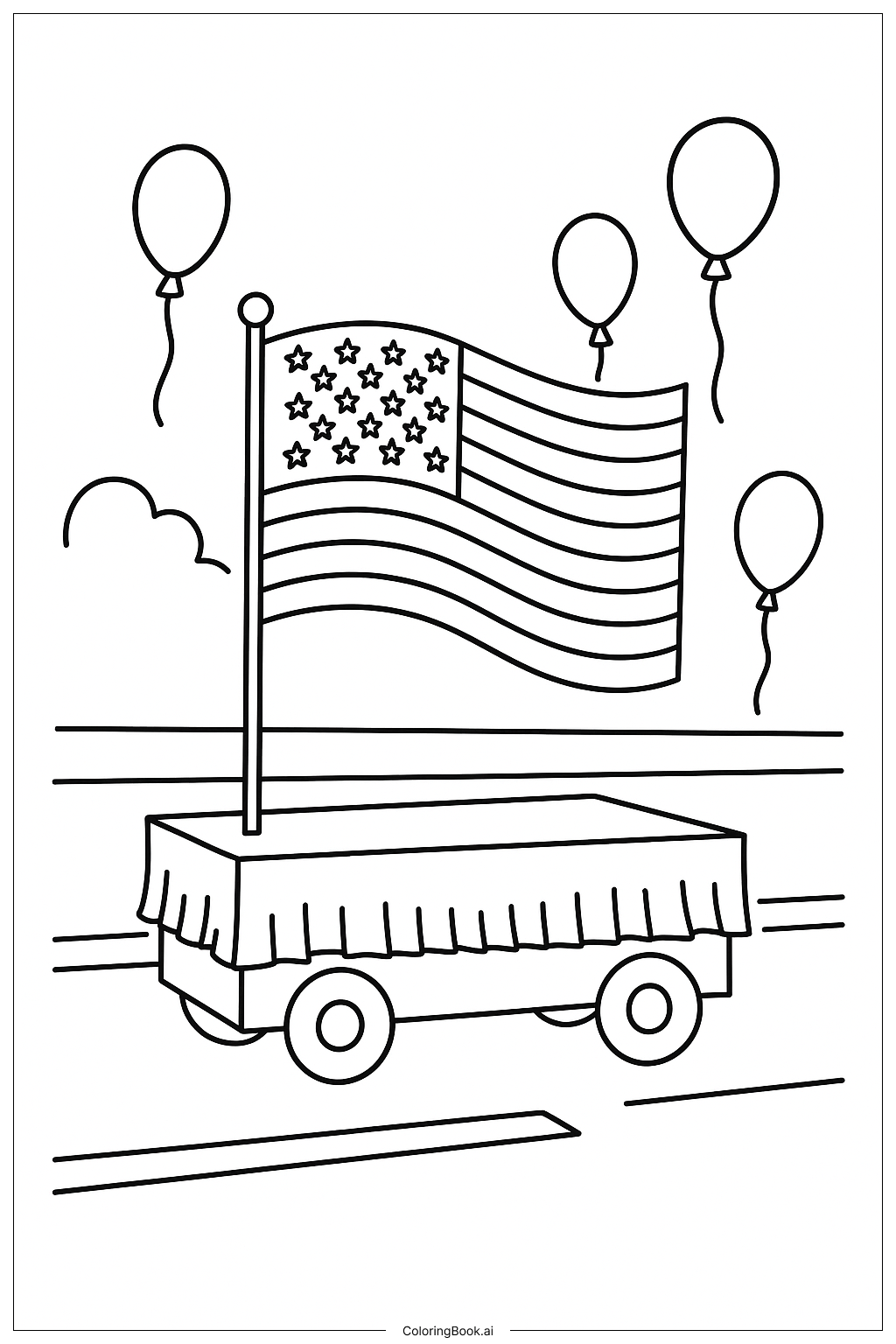 パレードのフロートに掲げられたアメリカ国旗