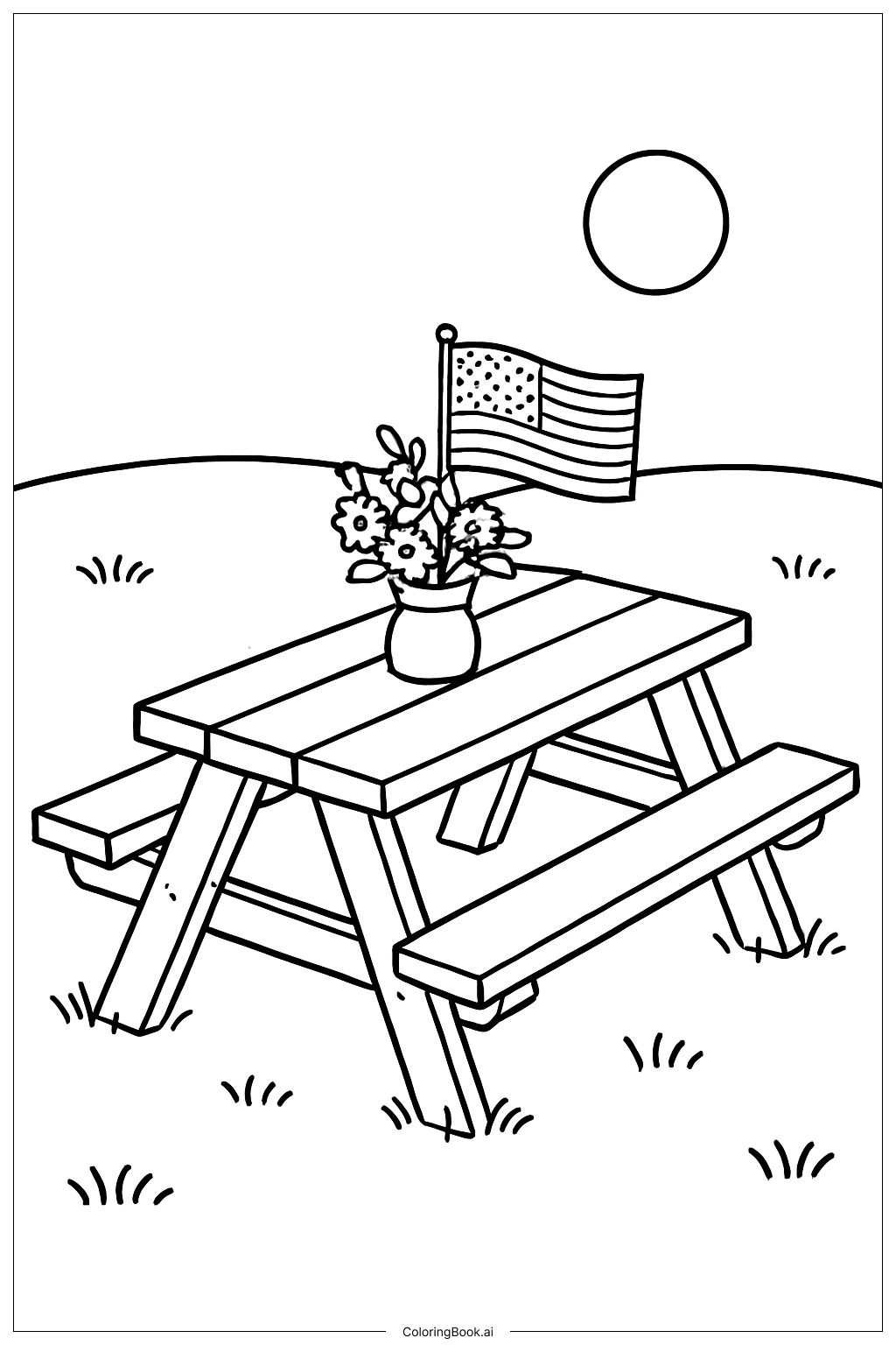  Página para colorear de Bandera de los Estados Unidos sobre mesa de picnic 