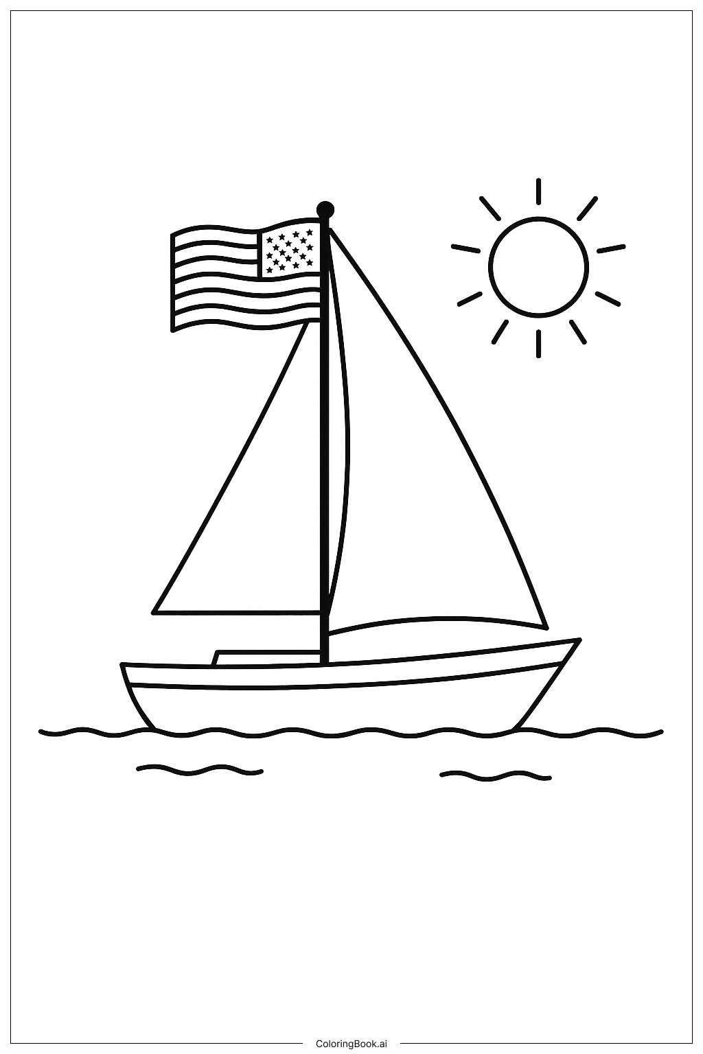 帆船上的美国国旗填色页