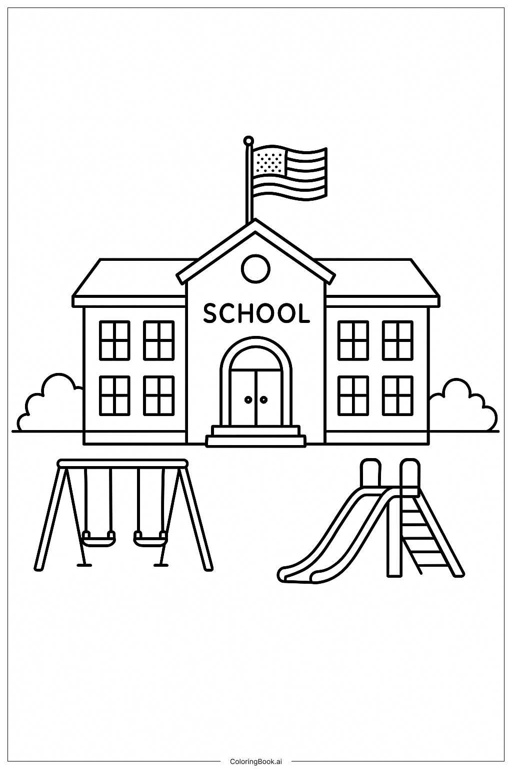  Página para colorear de Bandera de Estados Unidos en el techo de la escuela 