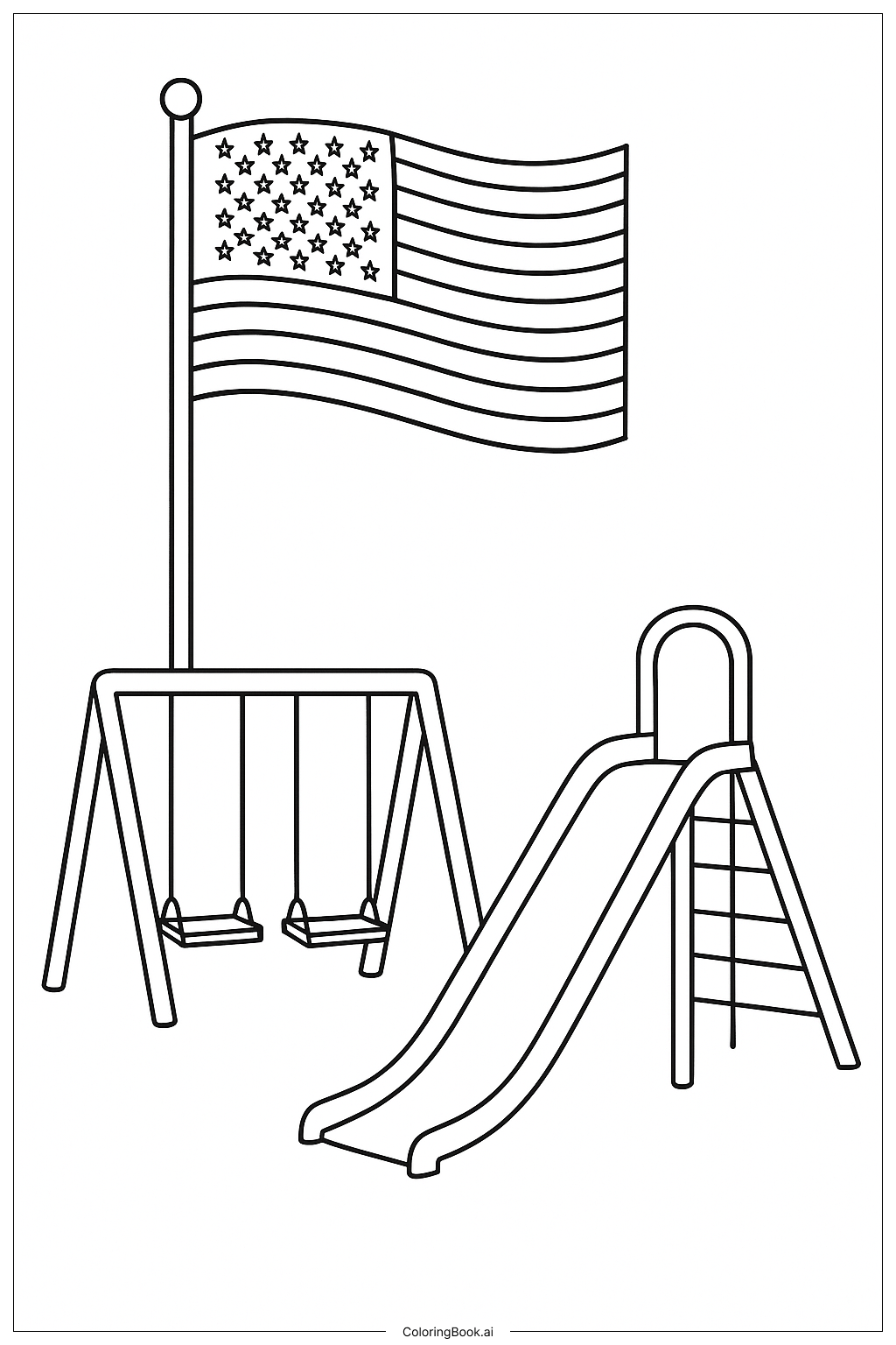 遊び場の上のアメリカ国旗