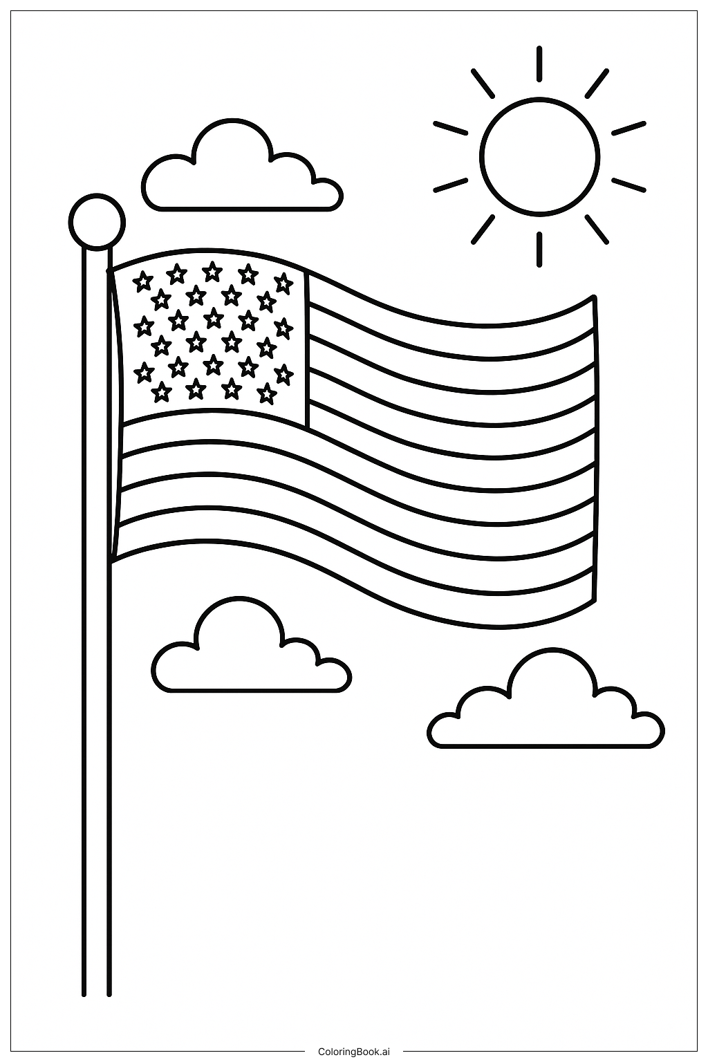  旗竿で揺れるアメリカ合衆国の国旗の塗り絵ページ 