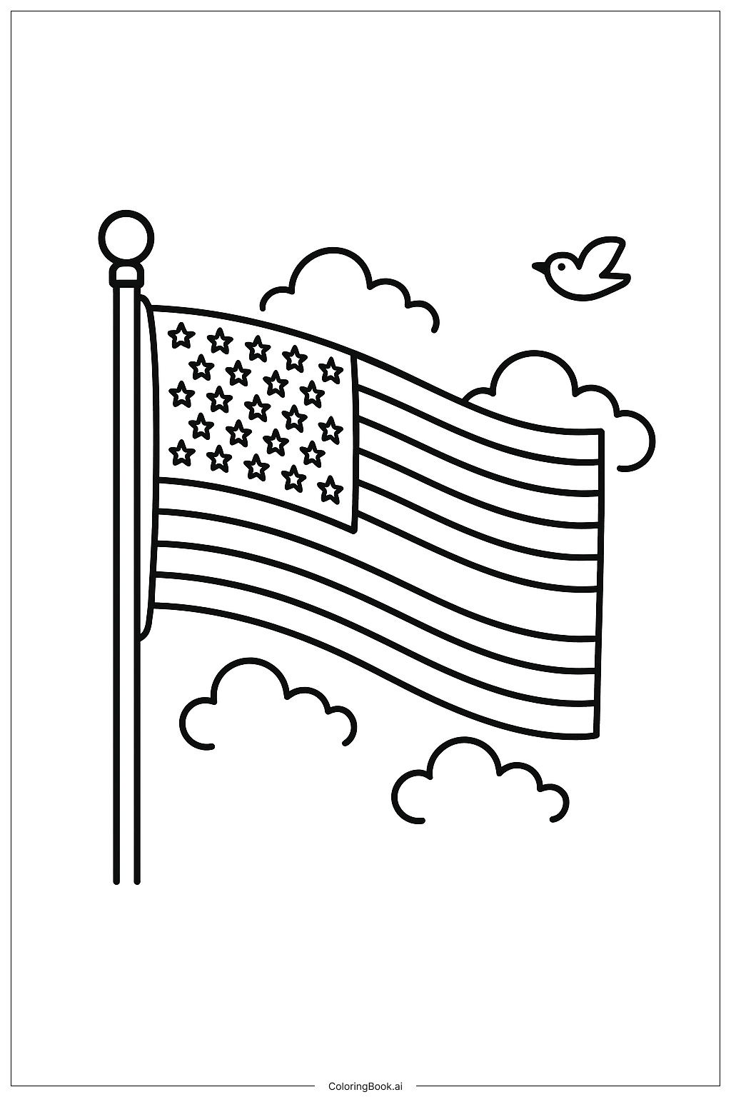  간단한 구름과 함께한 미국 국기 색칠공부 페이지 