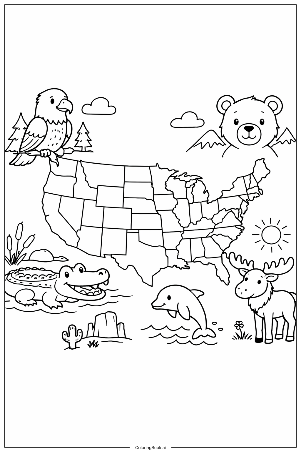  USA Map With Animals Coloring Page 