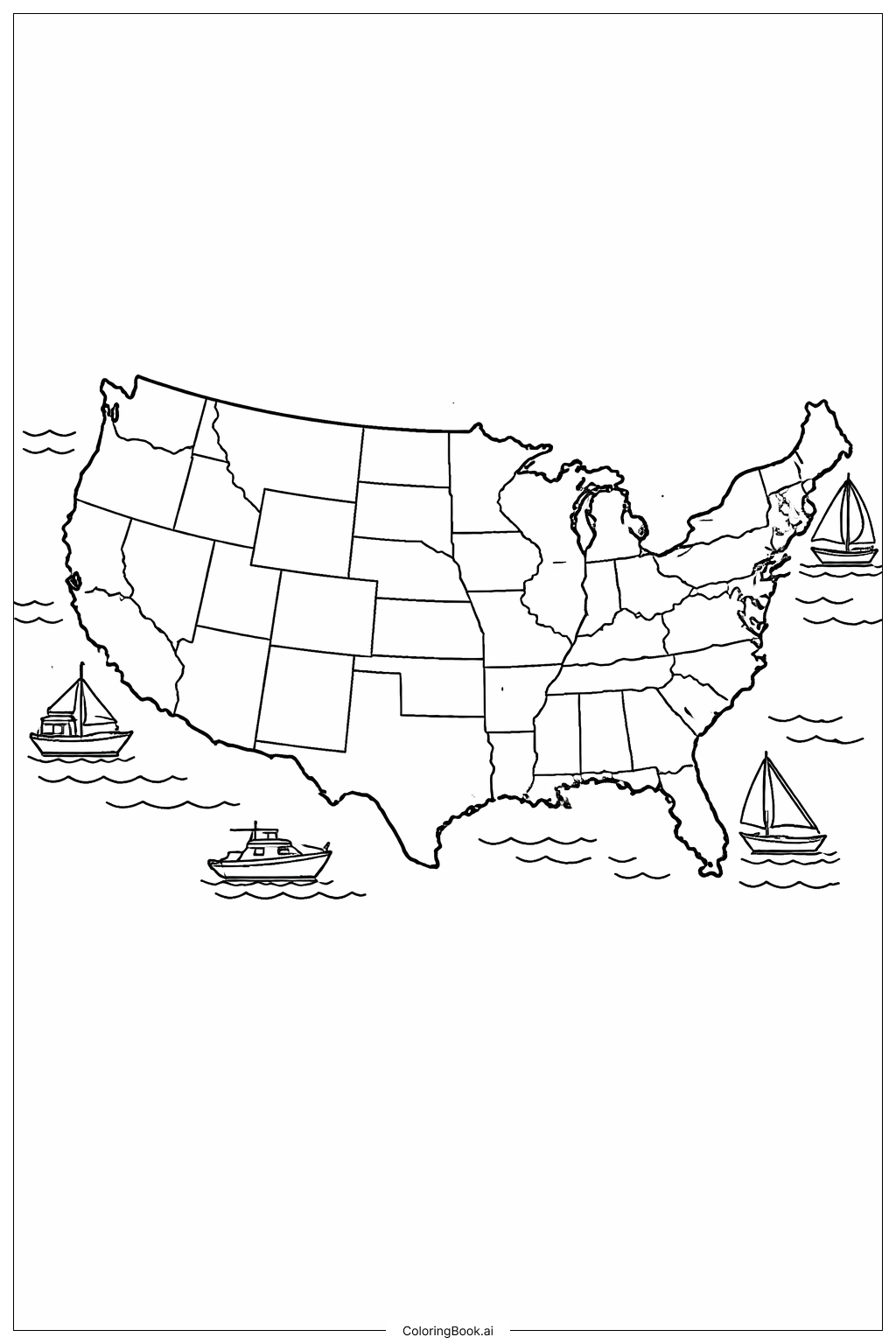  USA Map With Boats Coloring Page 