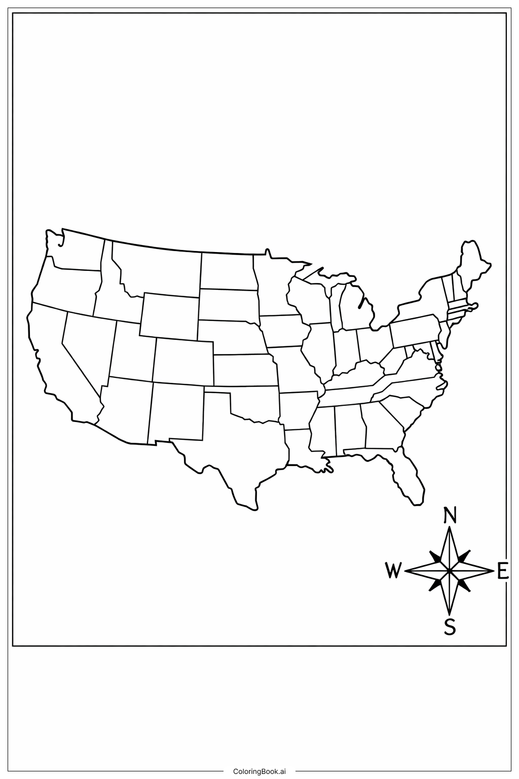  USA Map With Compass Coloring Page 