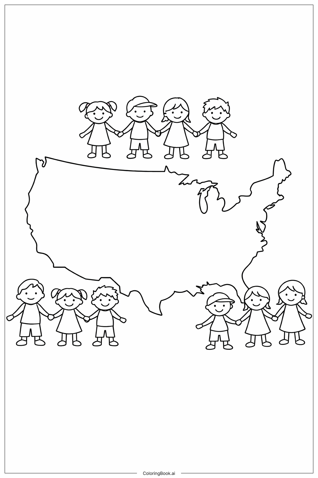 USA Map With Kids Coloring Page 