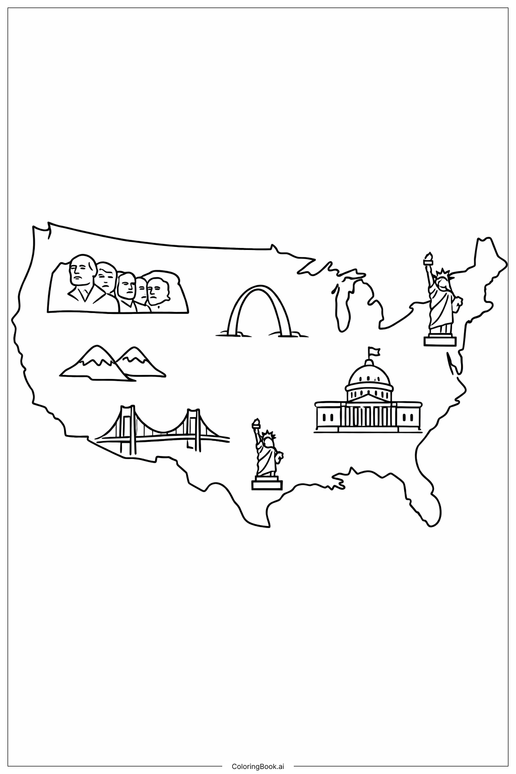  USA Map With Landmarks Coloring Page 