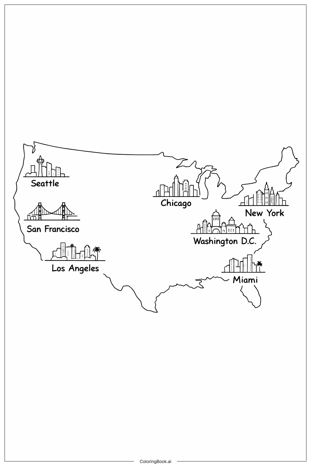  USA Map With Simple Cities Coloring Page 