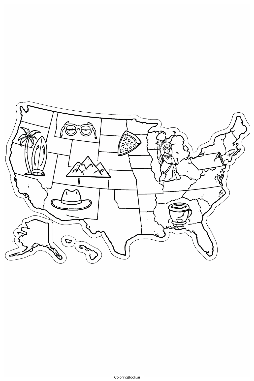  USA Map With State Icons Coloring Page 