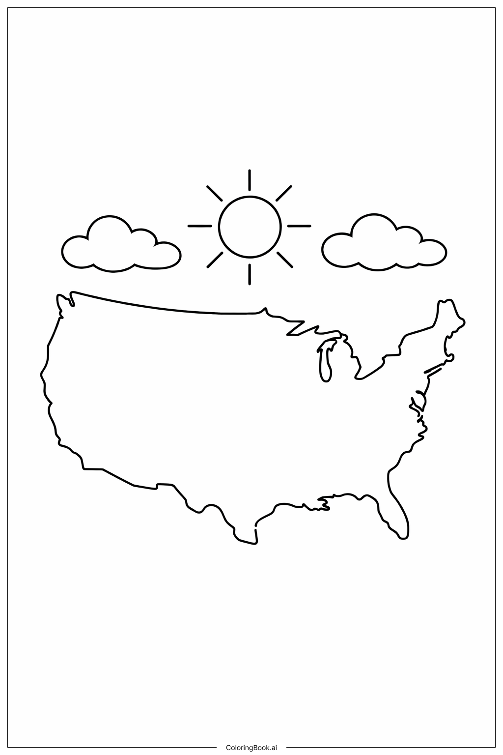  USA Map With Sun And Clouds Coloring Page 