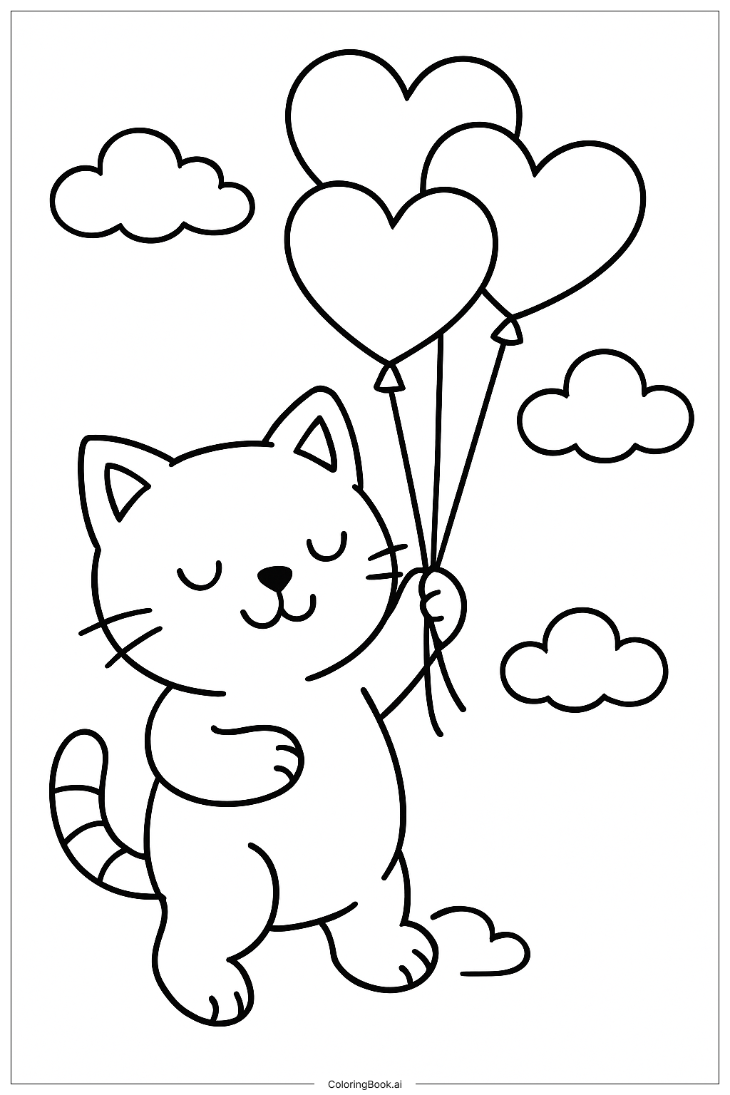  Page de coloriage Chat de la Saint-Valentin et ballons 