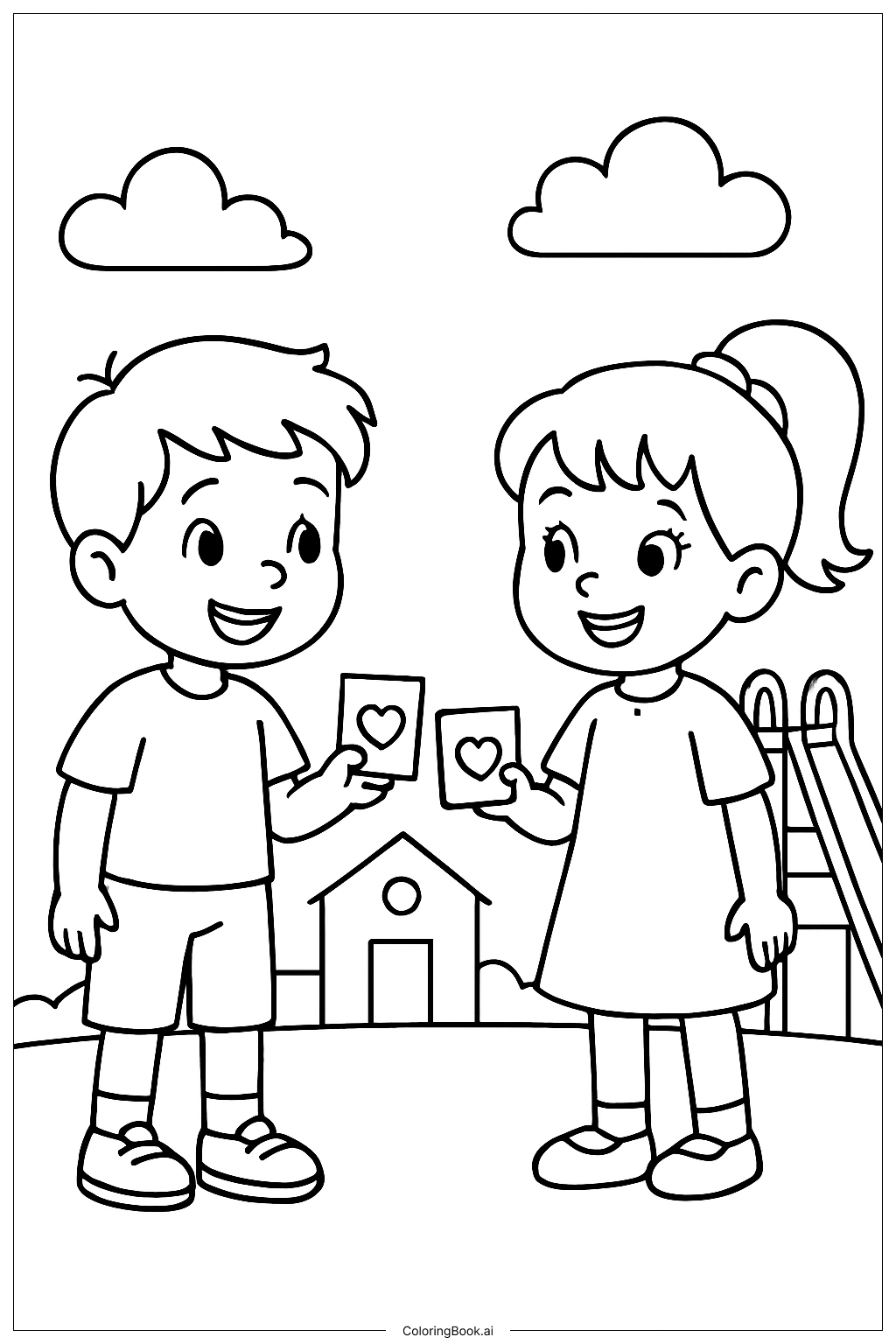 Valentine's Day Kids Exchanging Cards Coloring Page 