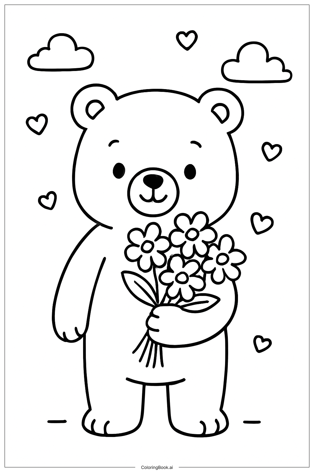  情人节熊拿着花束填色页 