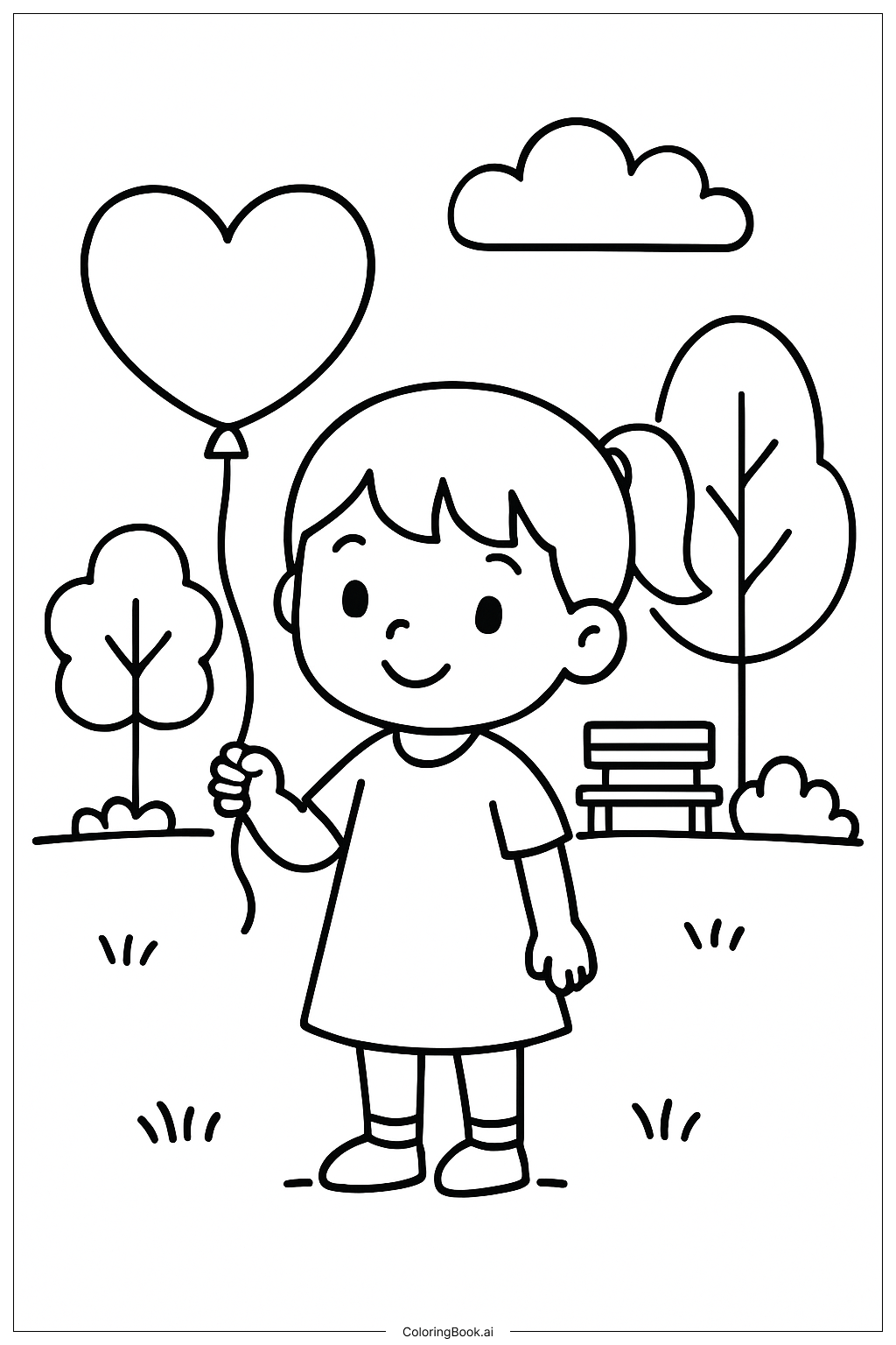  情人节女孩和爱心气球填色页 