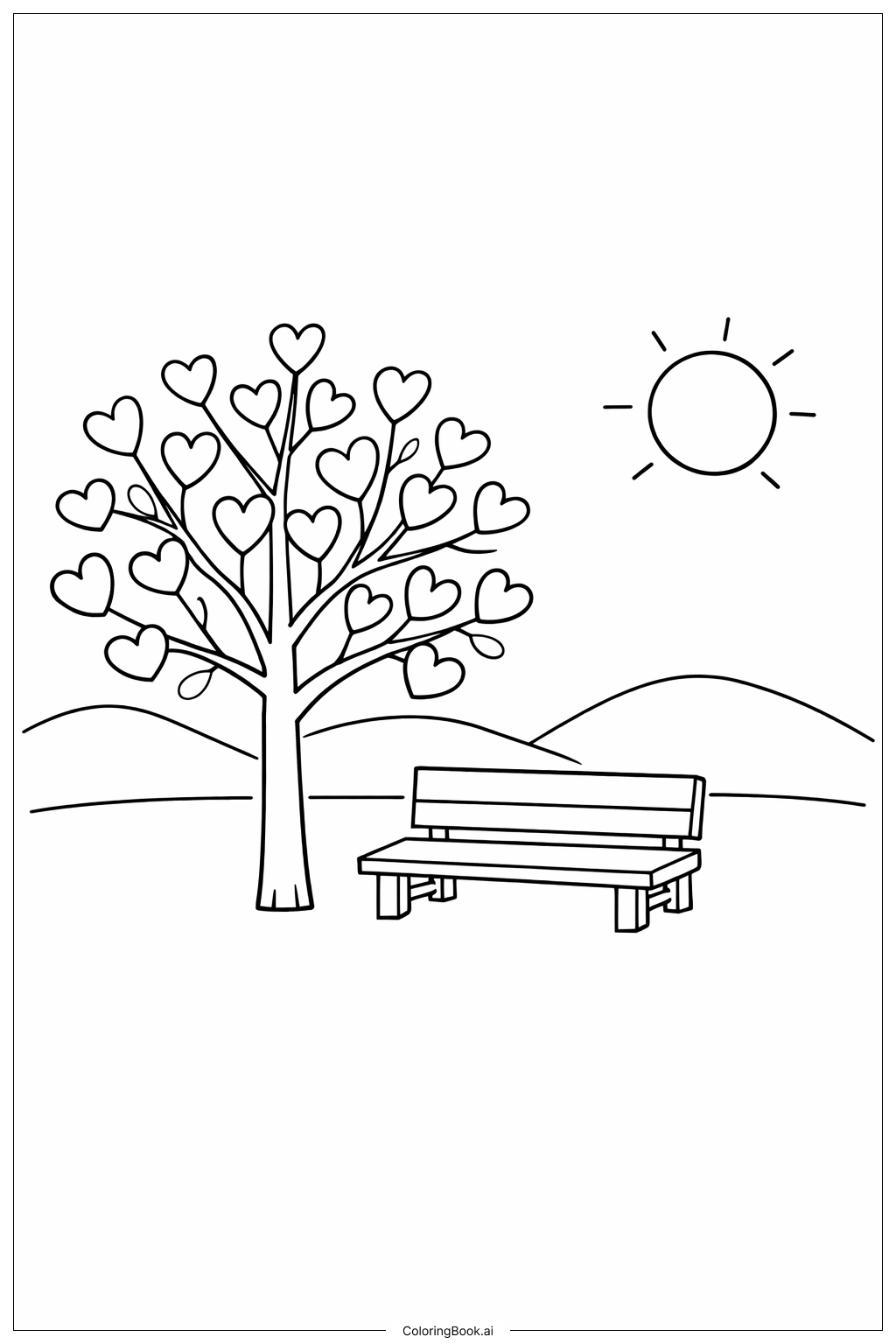 Valentines Heart Tree Scene Coloring Page