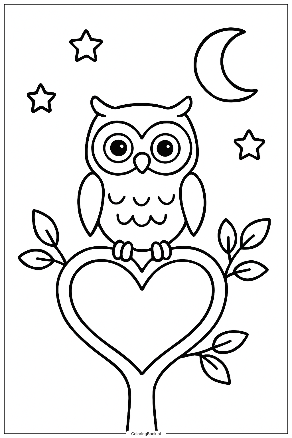  情人节猫头鹰与爱心树枝填色页 