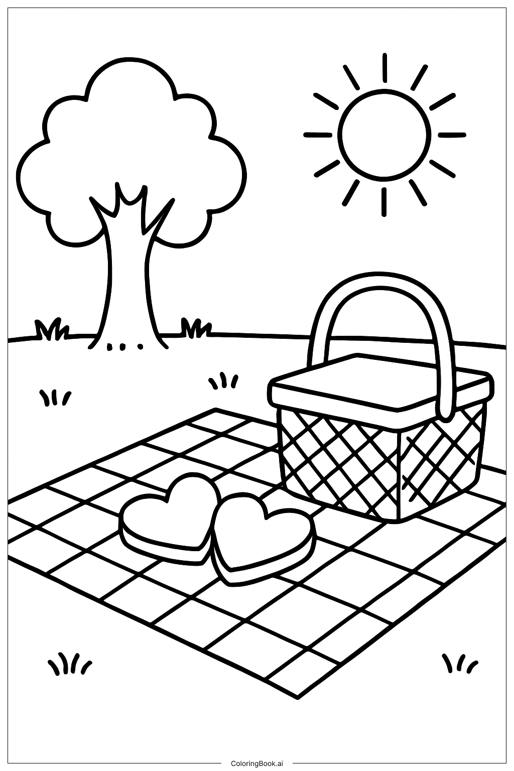  情人节心形野餐填色页 