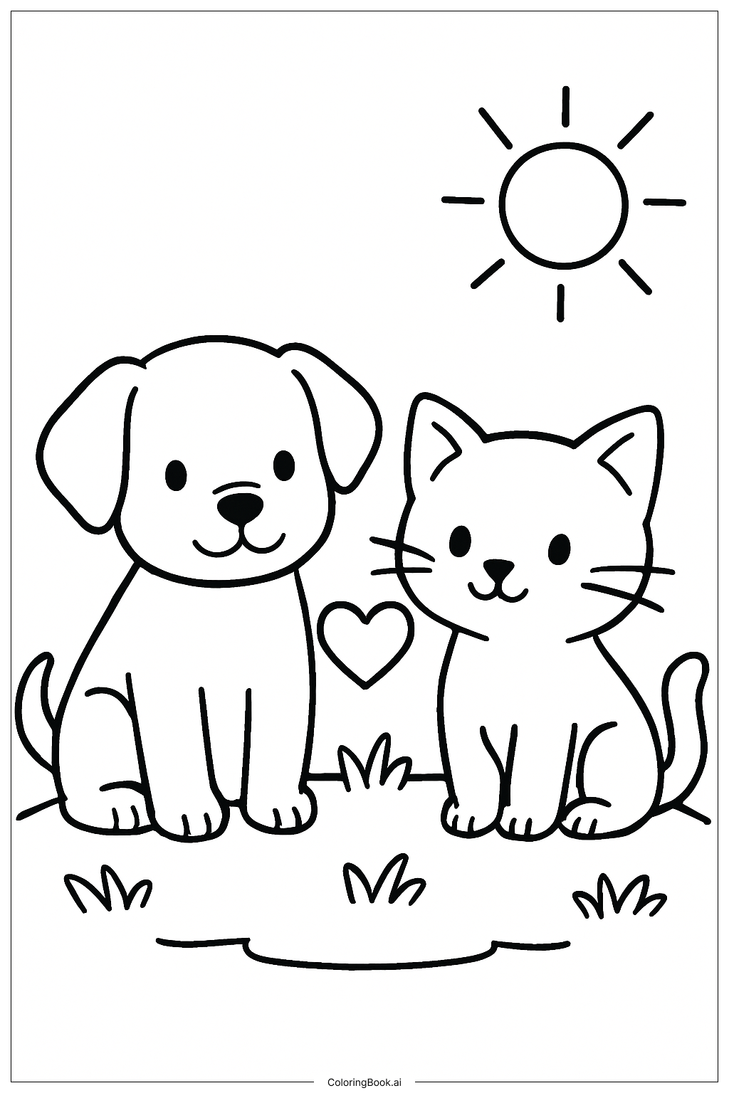  情人节的小狗和小猫朋友填色页 