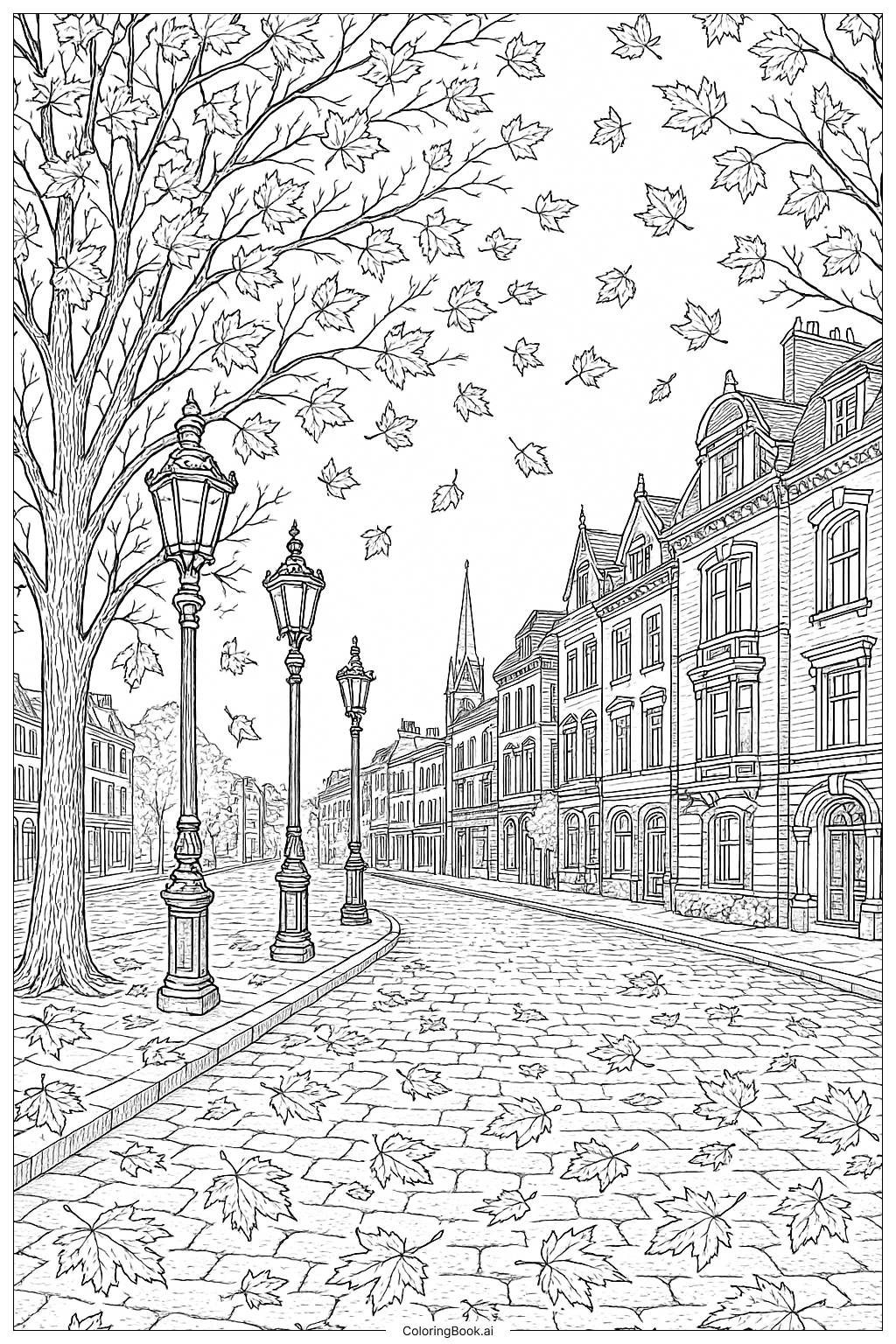 Página para colorir de Rua Vitoriana com Folhas de Outono