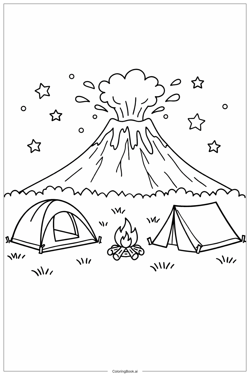  Página para colorear de Volcán y tiendas de campaña 