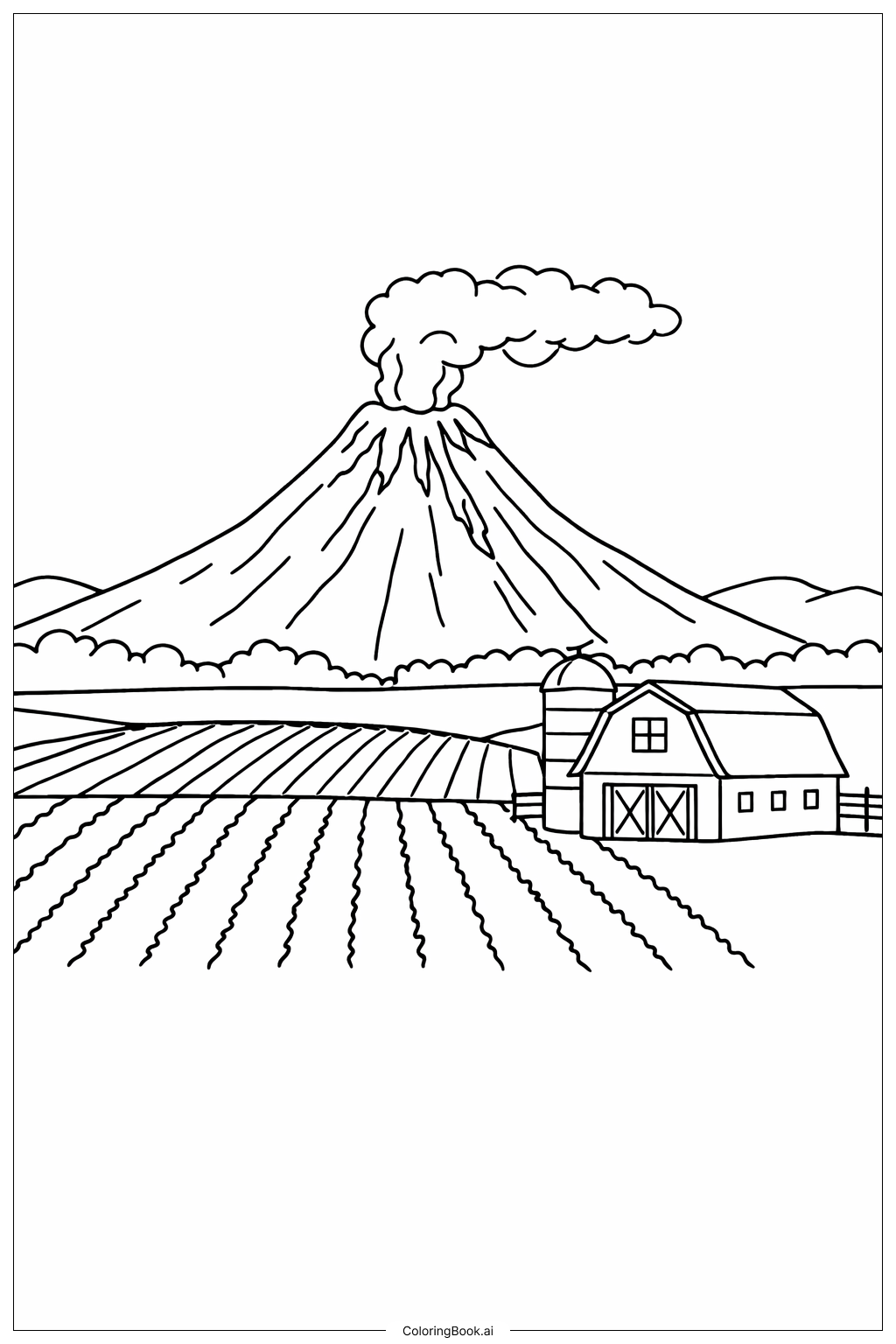  Página para colorear de Volcán y Campos de Cultivo 