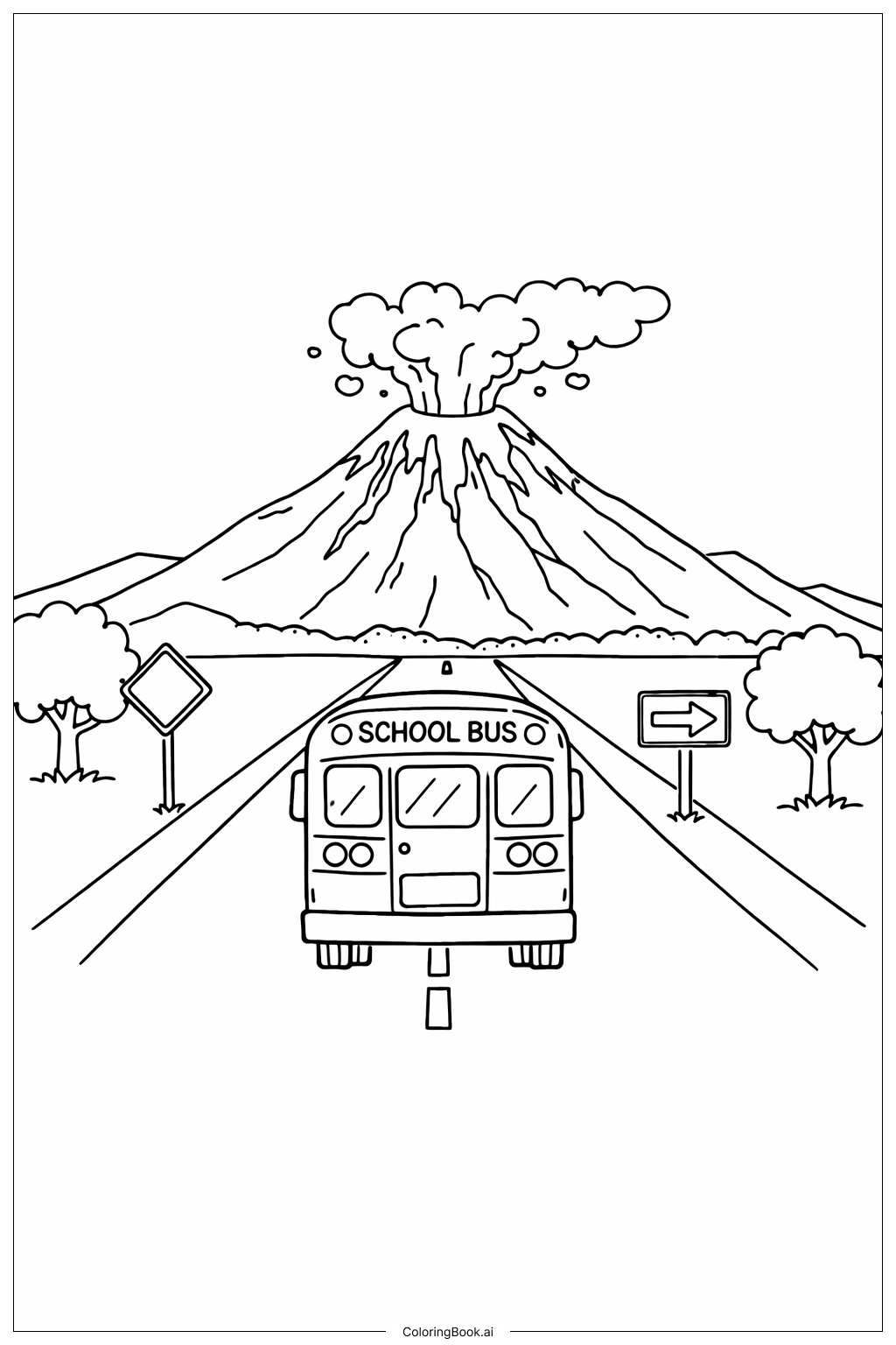  Página para colorear de Volcán y Autobús Escolar 