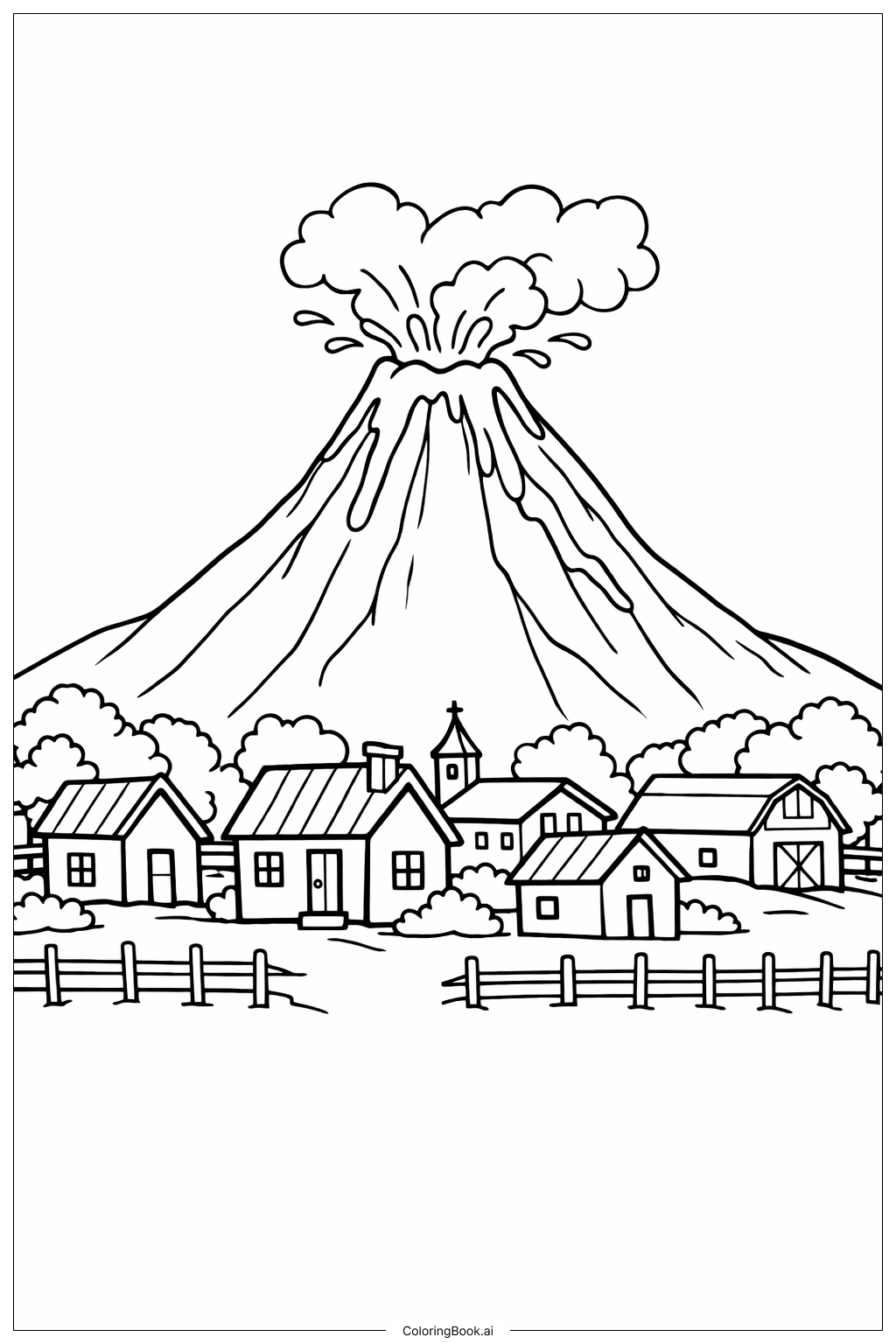  Página para colorear de Volcán y Pequeña Aldea 