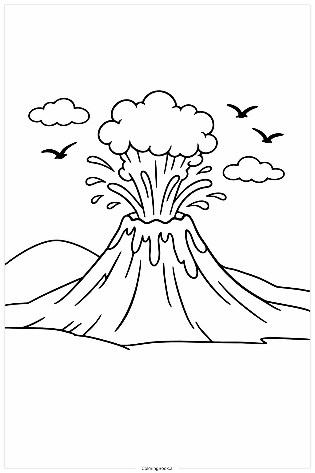  Página para colorear de Volcán en erupción con pájaros 