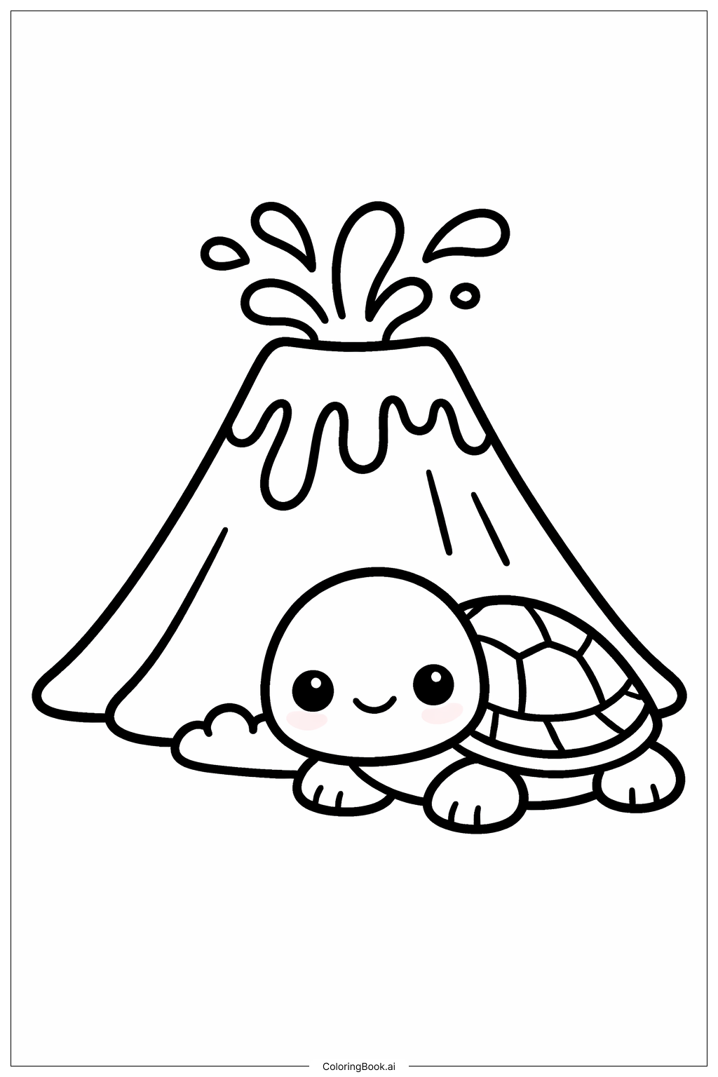  Página para colorear de Volcán con linda tortuga 
