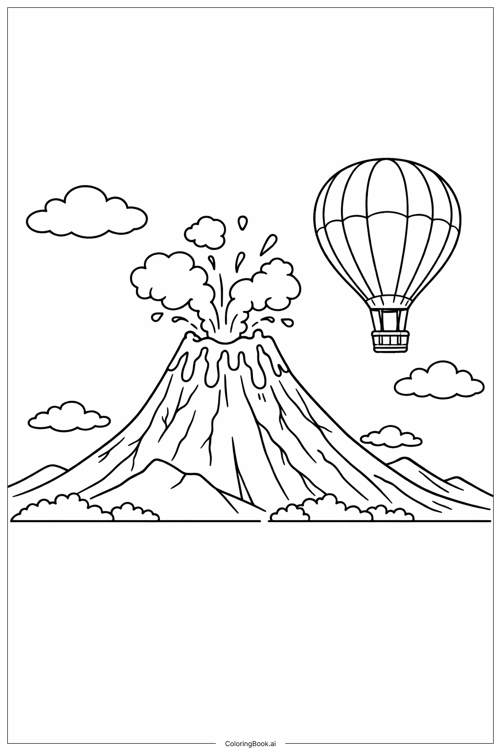  Página para colorear de Volcán con globo aerostático 
