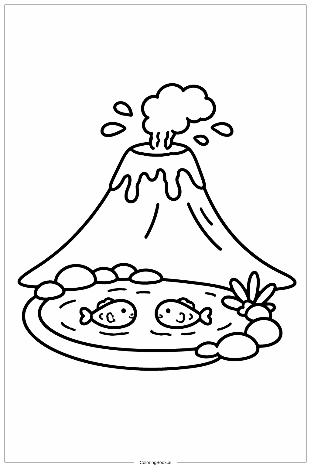  Página para colorear de Volcán con pequeño estanque de peces 