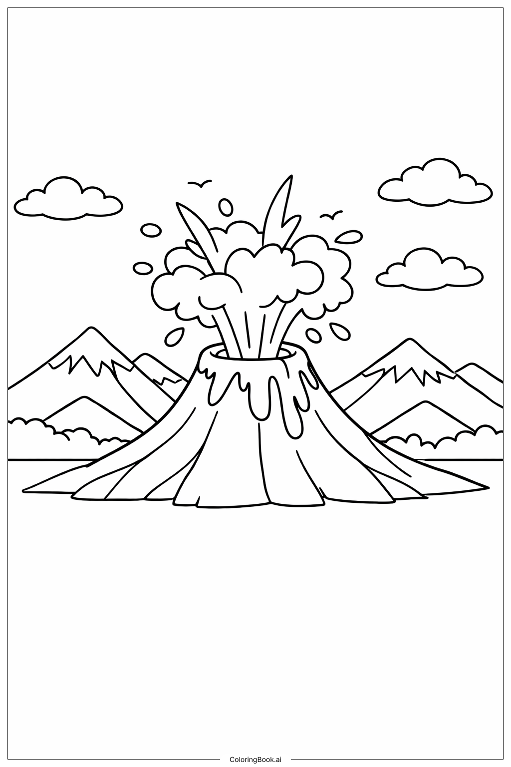  Página para colorear de Volcán con cadena montañosa 