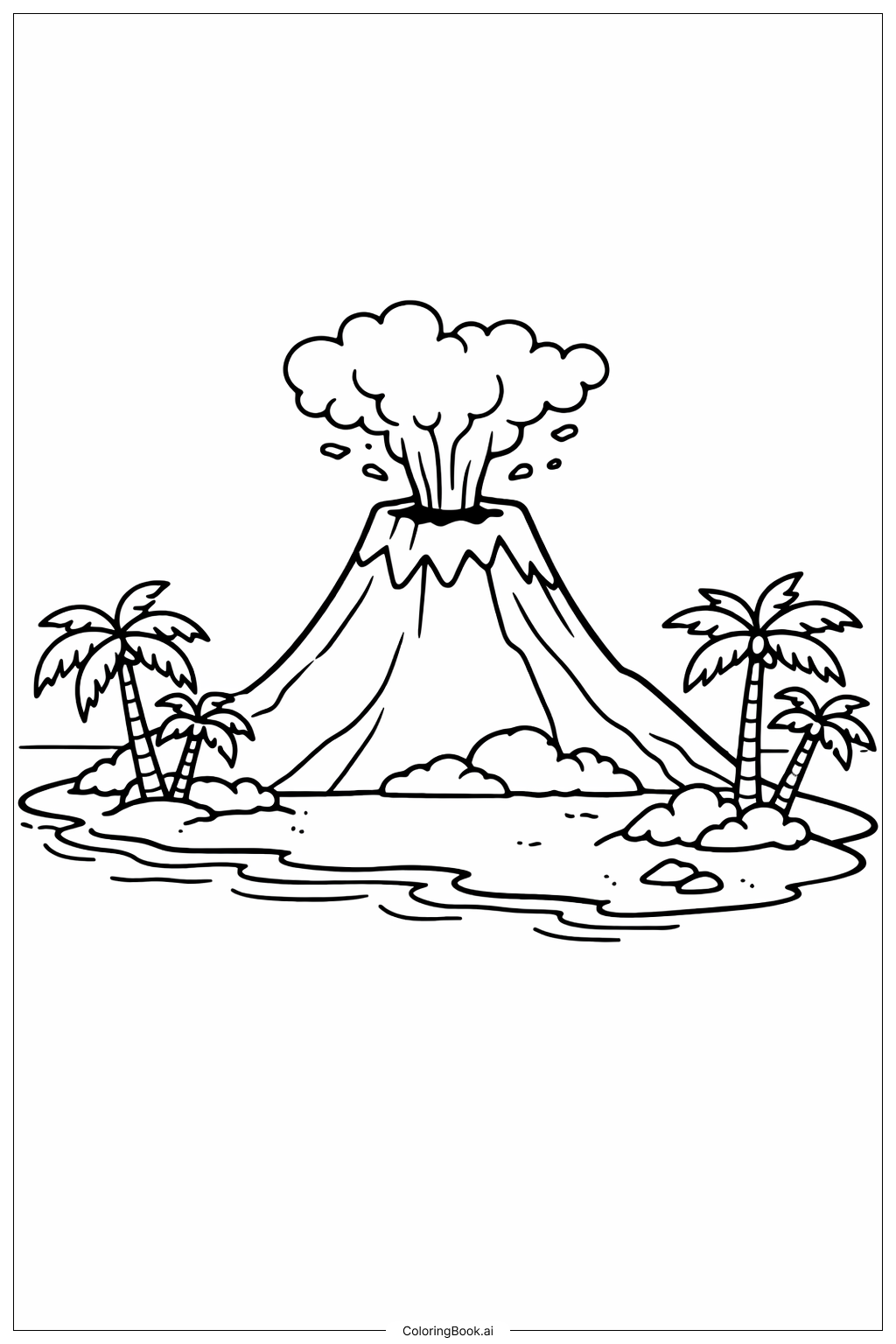  Página para colorear de Volcán con palmeras 