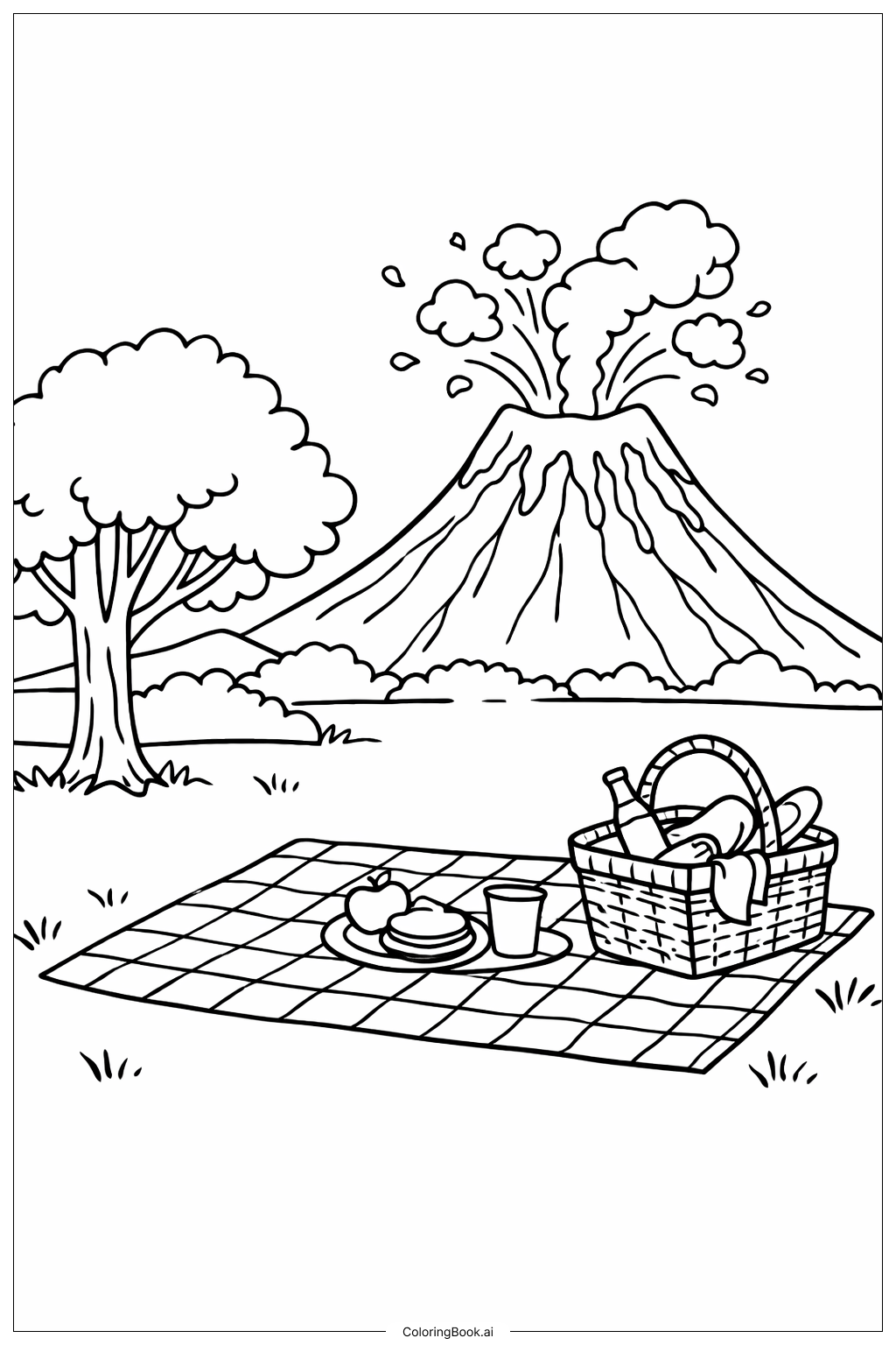  Página para colorear de Volcán con Escena de Picnic 