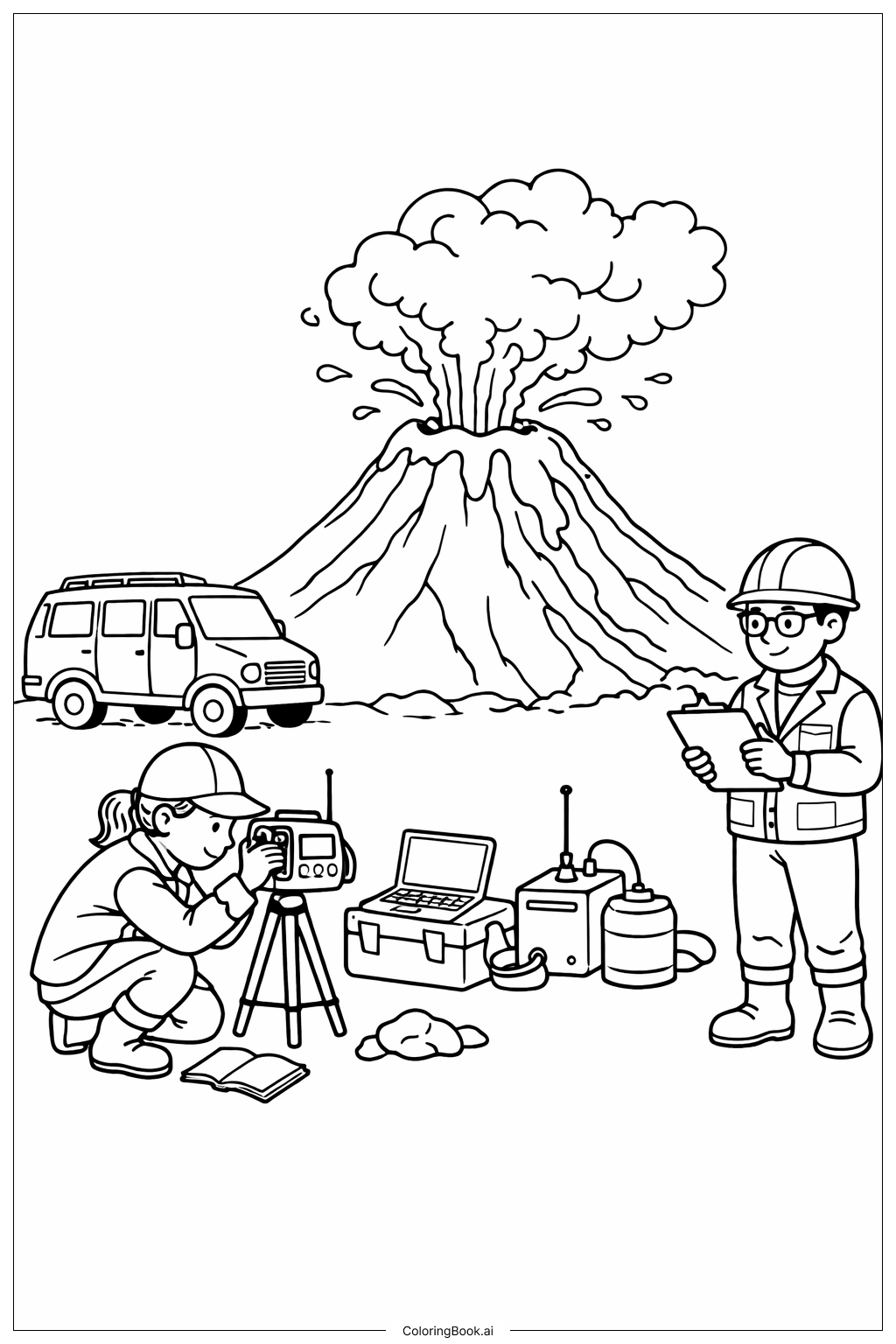  Página para colorear de Volcán con Científicos 