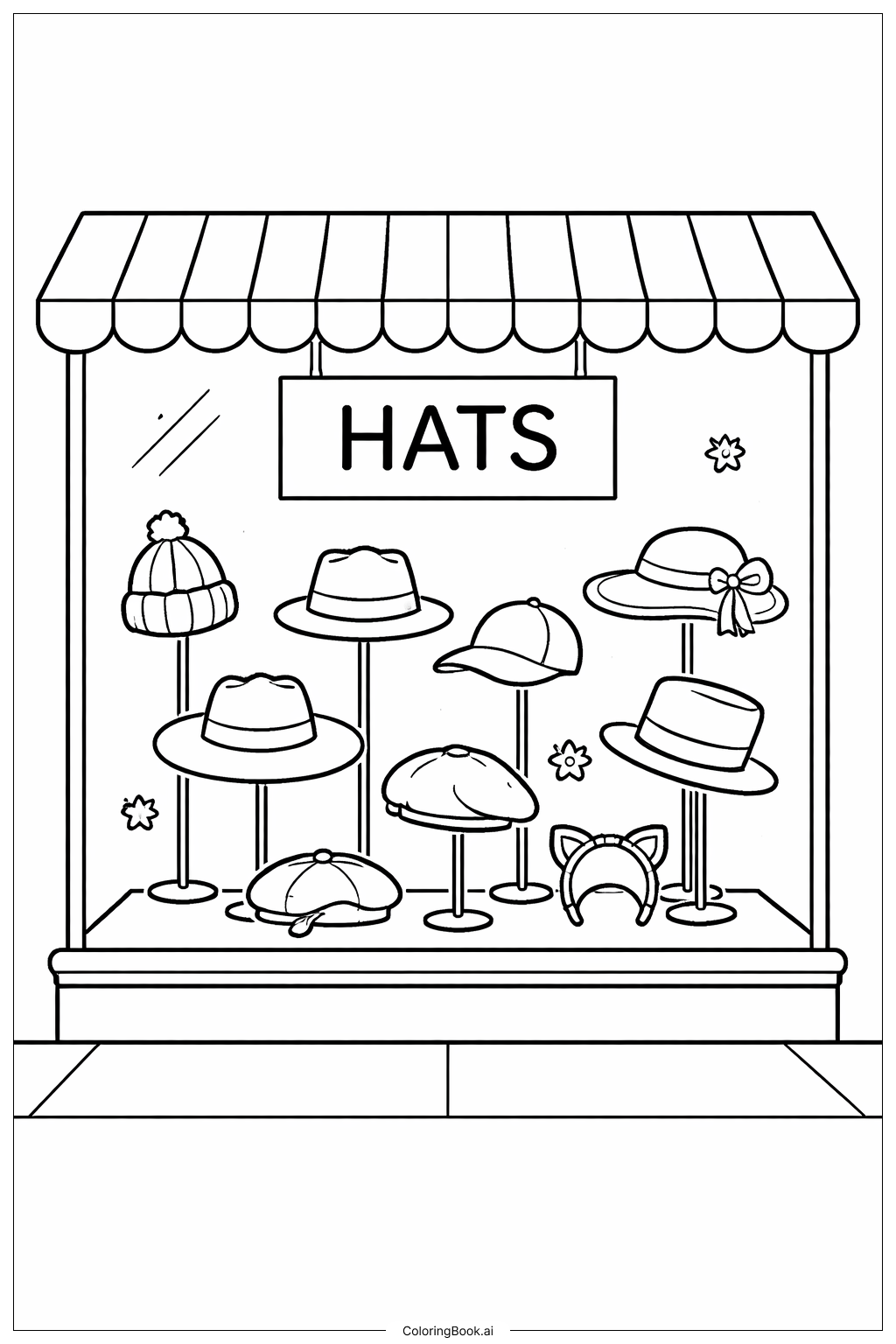 Verrückte Mittwoch Hüte-Schaufenster Ausmalseite