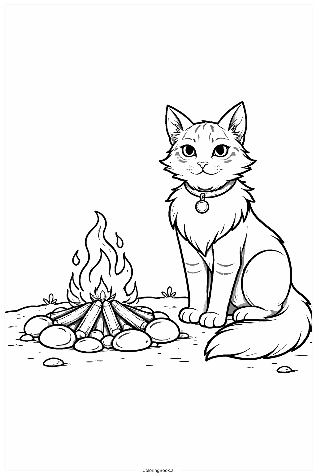  戰士貓坐在營火旁著色頁 