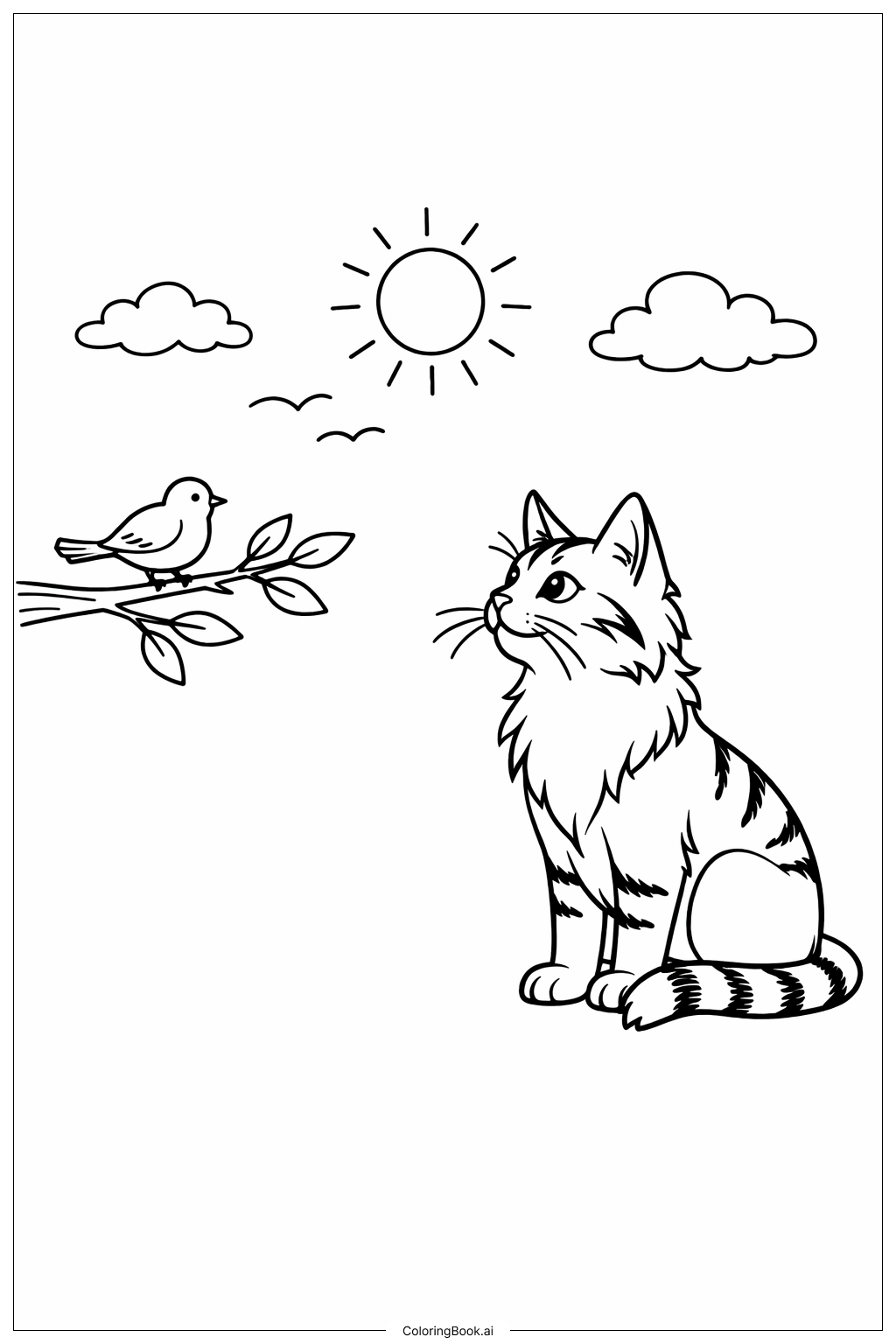  戰士貓望著小鳥著色頁 