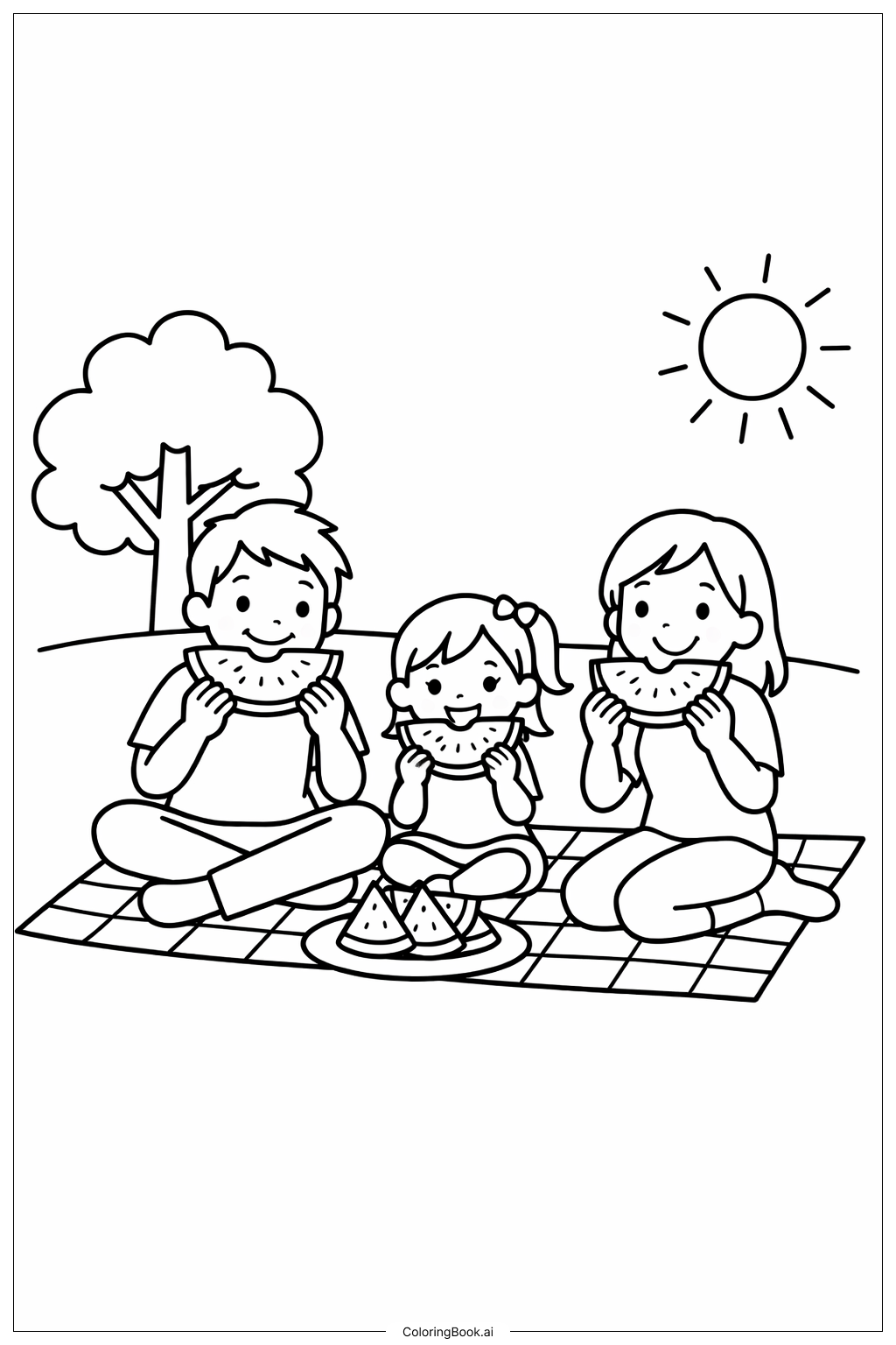  西瓜野餐一家人填色页 