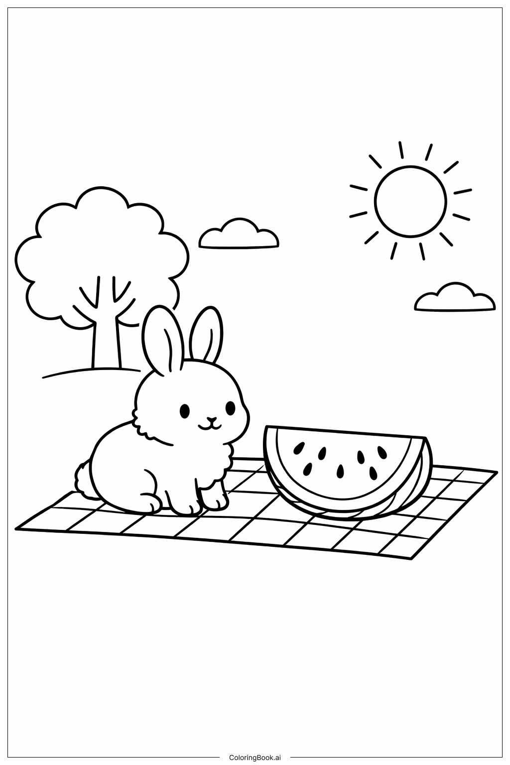  兔子西瓜野餐填色页 